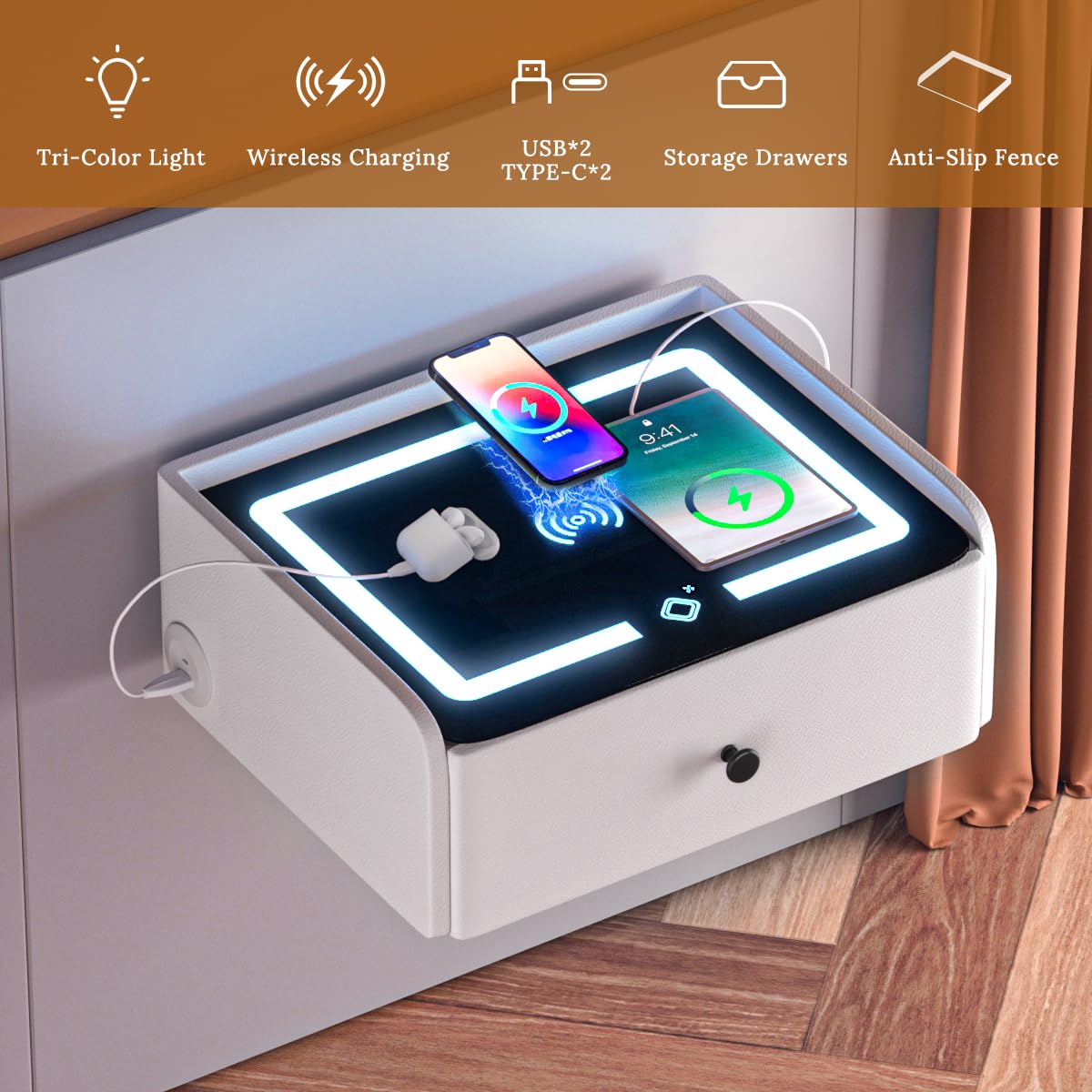 HOMEMORE Floating Nightstand with Charging Station Bedside Table LED Smart Bedside Table Wall Mounted Nightstand White
