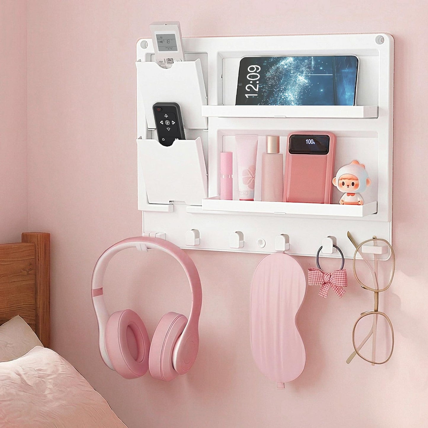 Lifewit Plastic Adhesive Bedside Shelf, Floating Pegboard Shelves, Key Remote Control Holder, Wall Organizer for Glasses, Phone, Earbuds, Bedroom Decor, Dorm Room Essentials, White