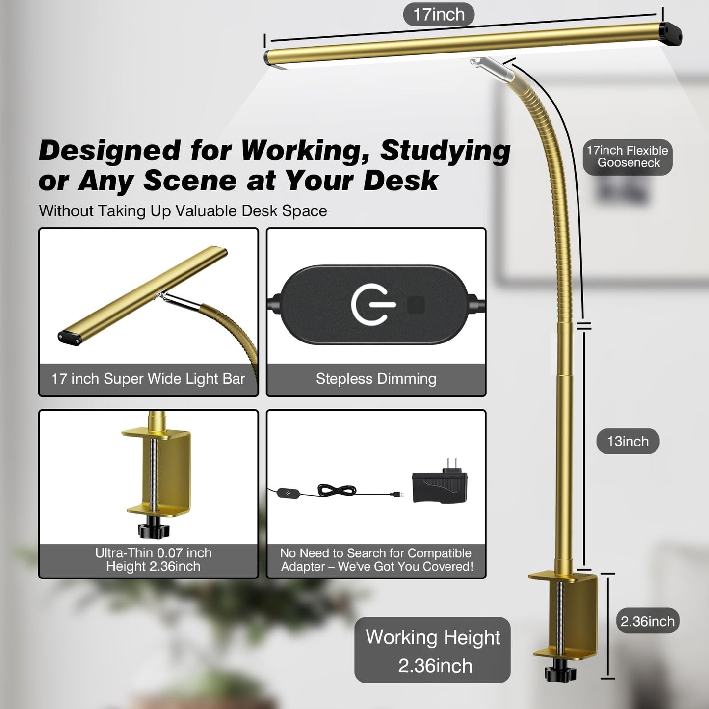 Airlonv LED Desk Lamp for Office Home, Eye-Caring Desk Light with Stepless Dimming Adjustable Flexible Gooseneck, 10W USB Adapter Desk Lamp with Clamp for Reading, Study, Workbench (Gold)