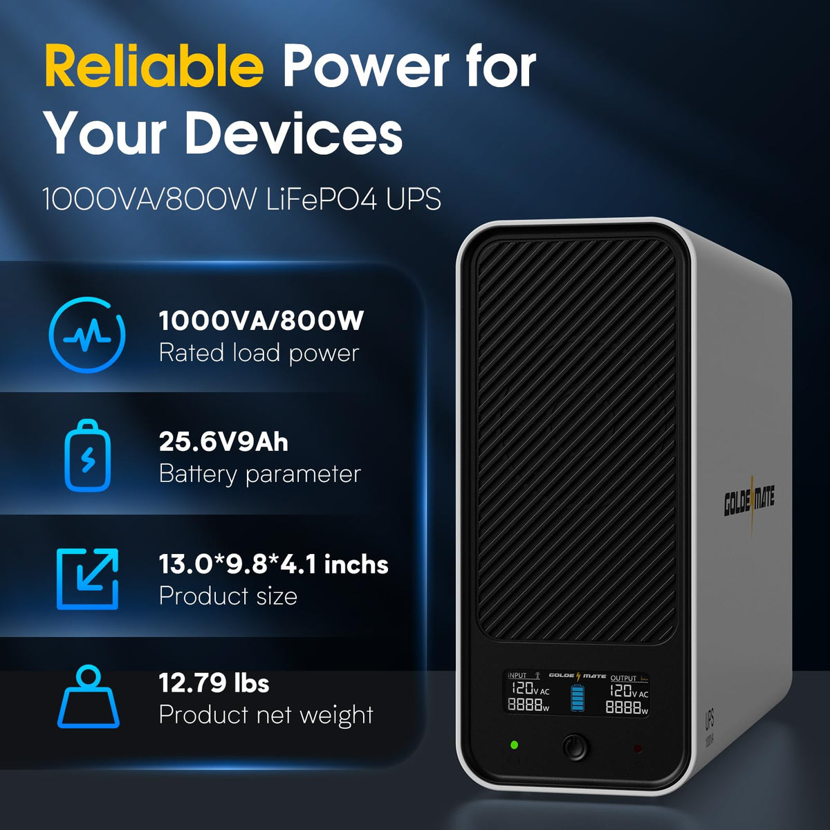 GOLDENMATE 1000VA/800W Lithium UPS Battery Backup and Surge Protector, Sinewave UPS System with LiFePO4 Battery(230Wh), Updated Pro Ver. with USB Communication Port, 8 Outlets, LCD Display, White