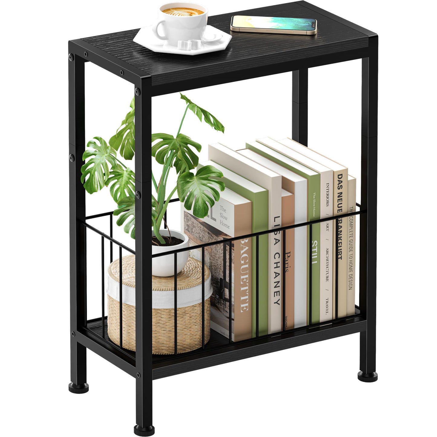 Lifenite Narrow Side Table, Skinny End Tables with Magazine Holder, Small Sofa Table for Small Spaces, Space-Saving Design, Slim Nightstand Bedside Table for Living Room, Bedroom, Office, Black