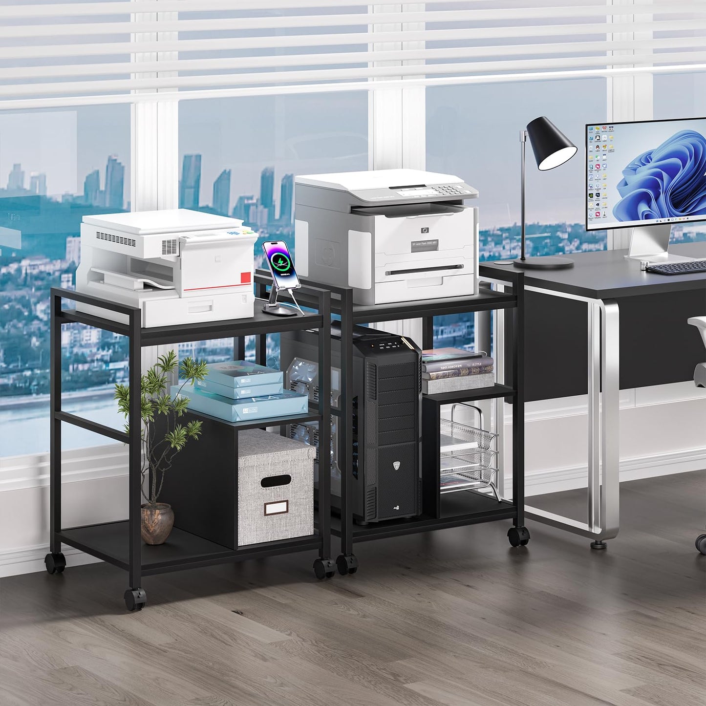 Lerliuo Printer Stand with Charging Station and USB Ports, Large 3-Tier Mobile Printer Table with Storage Shelf, Black Rolling Industrial Printer Cart with Lockable Wheels for Home Office