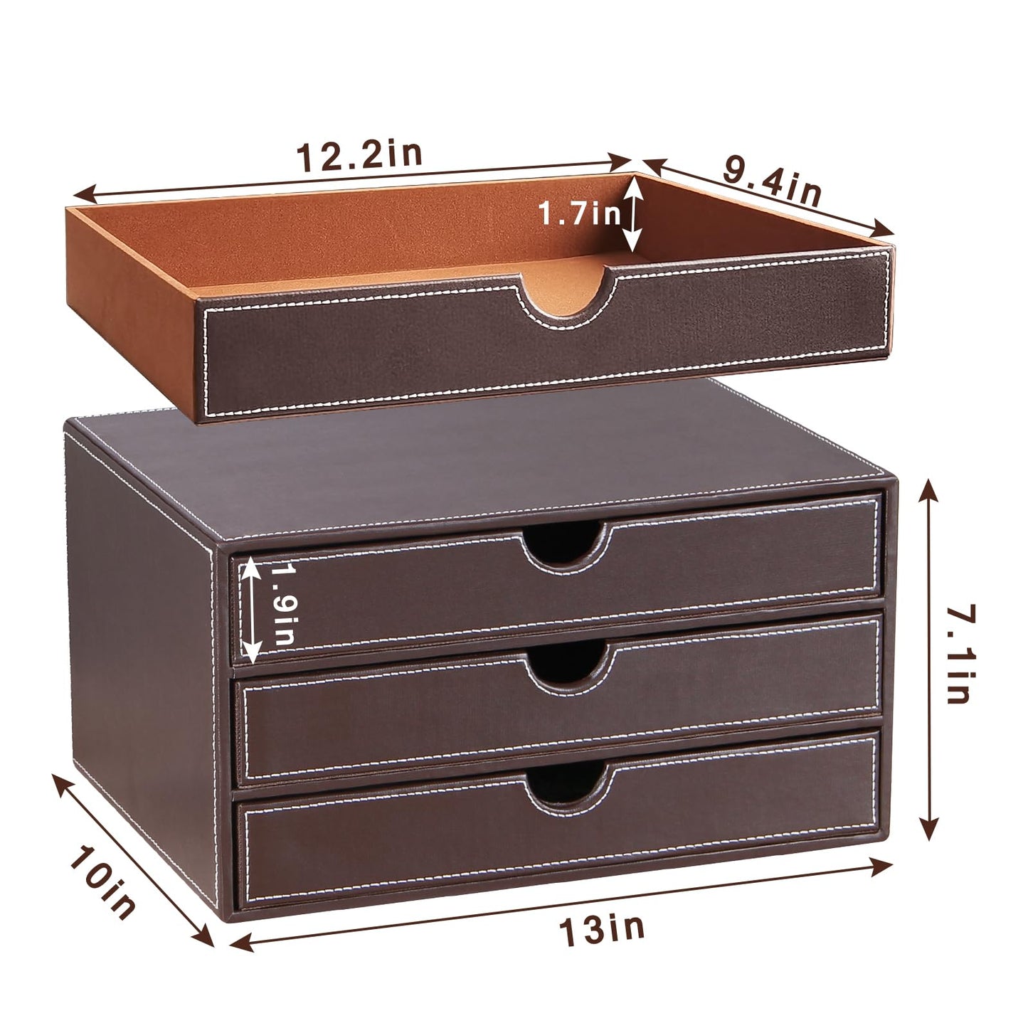 XNONE PU Leather Desk Organizer with 3 Drawers,Executive Office Supplies Desktop Filing A4 File Cabinet/Holder for Jewelry/Bill/Paper/Documents/Makeup Home Decor Stationery Storage Box,Brown
