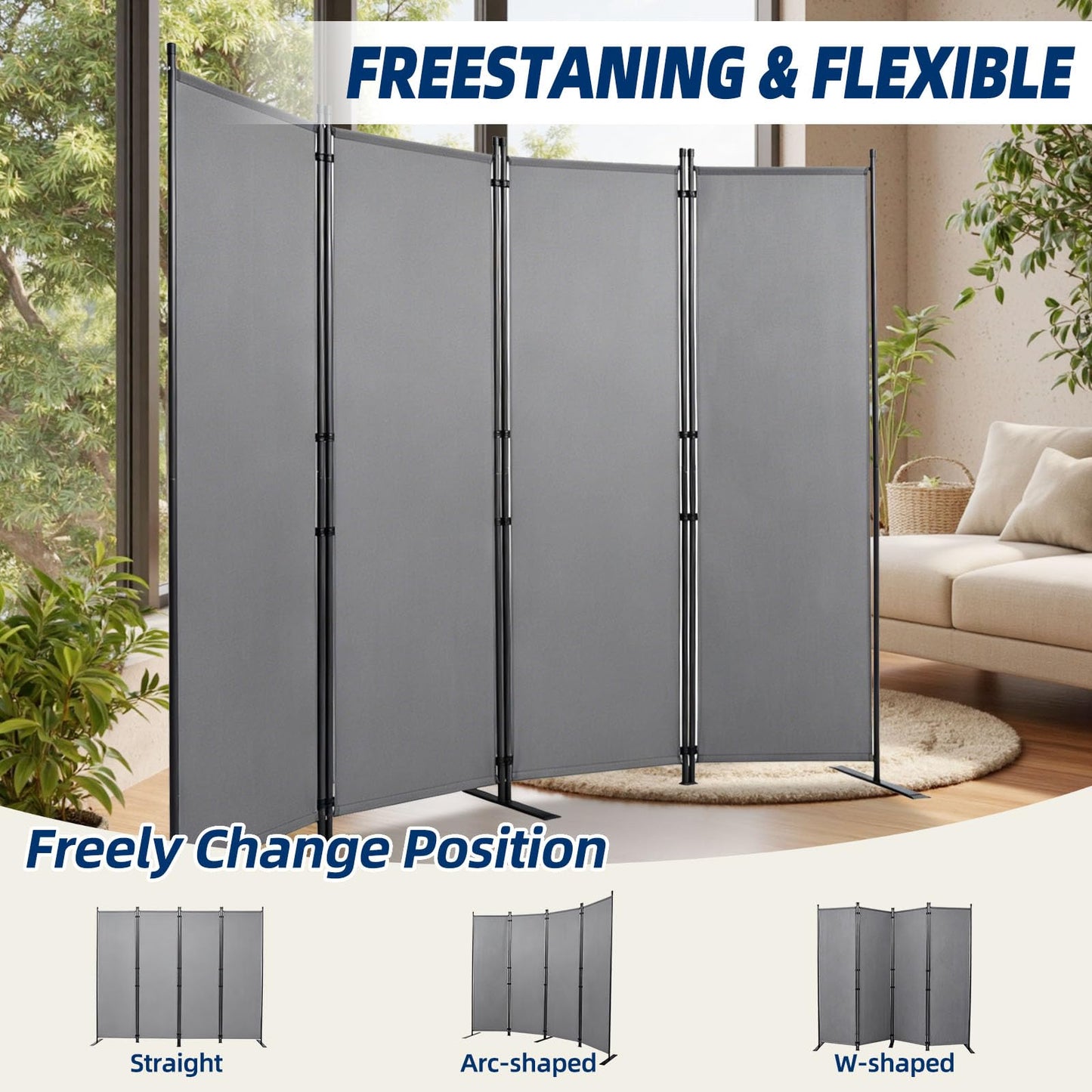 Room Divider and Folding Privacy Screens, Wide Room Divider Wall Screen for Room Separtition, Partition Room Dividers Fabric Panel Wall Dividers Freestanding for Office (Grey, 4 Panel-88'' Wide)