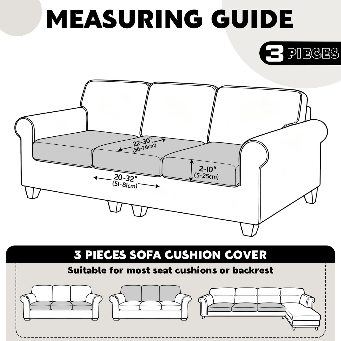 VANSOFY Couch Cushion Covers for Sectional Sofa, Stretch Jacquard Couch Seat Cushion Covers, Individual Washable Furniture Protector Sofa Slipcovers for Pet (3Pc Seater or Back Cover, Grey)