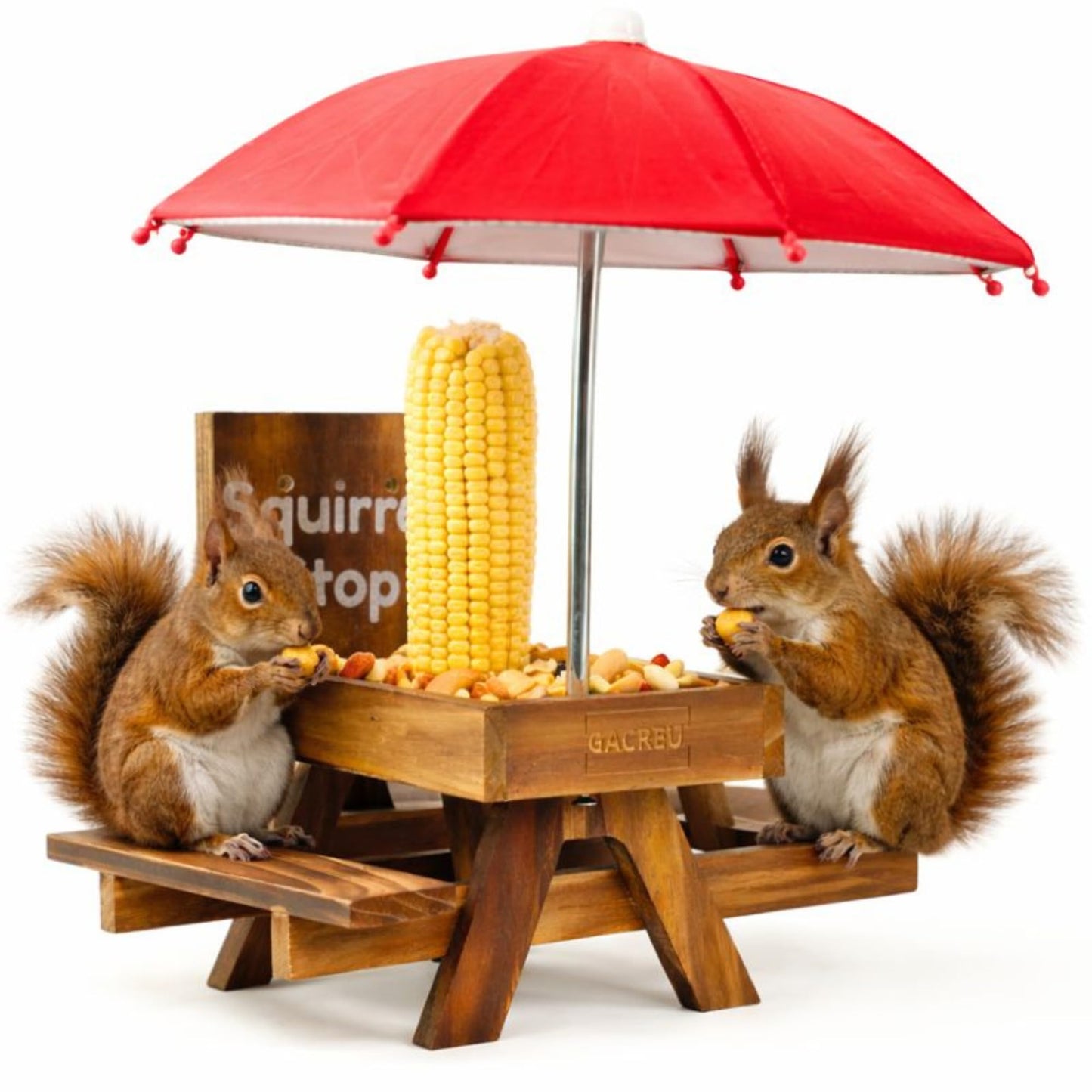 GACREU Squirrel Feeder Picnic Table – Wooden Bench Feeding Station with Umbrella, Drainage & Airflow – Easy Assembly Wildlife Feeder for Corn & Nuts – Unique Garden Gift