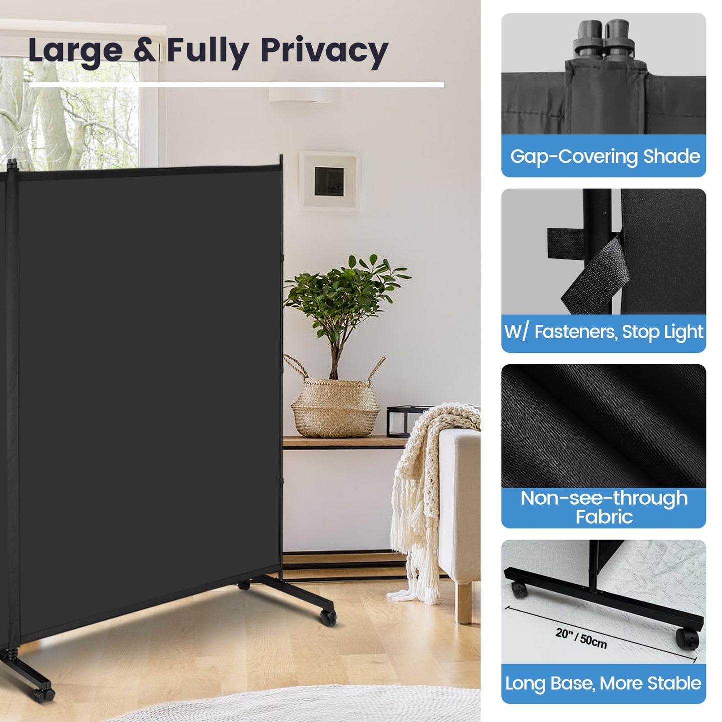 MAYOLIAH Indoor Room Divider 2 Large Panels on Wheels, 142”W x 75”H Rolling Privacy Screen W/Cover Strip, Portable Wall Divider for Home Office Partition, Black