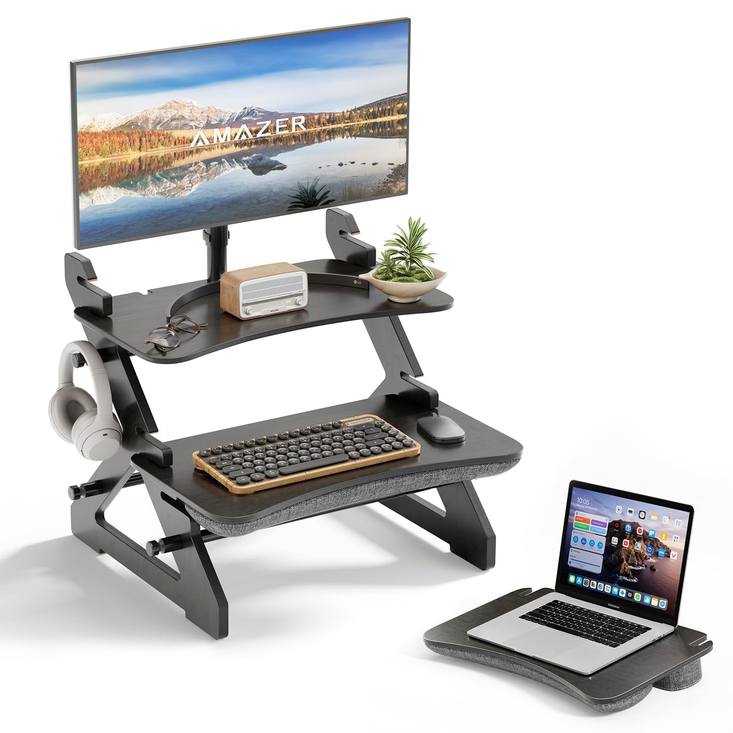 Amazer Standing Desk Converter, 22 inch Bamboo Small Sit Stand Up Desk Riser with Lap Desk Computer Desktop Desk Converter for Monitor and Laptop with Keyboard Tray, Black
