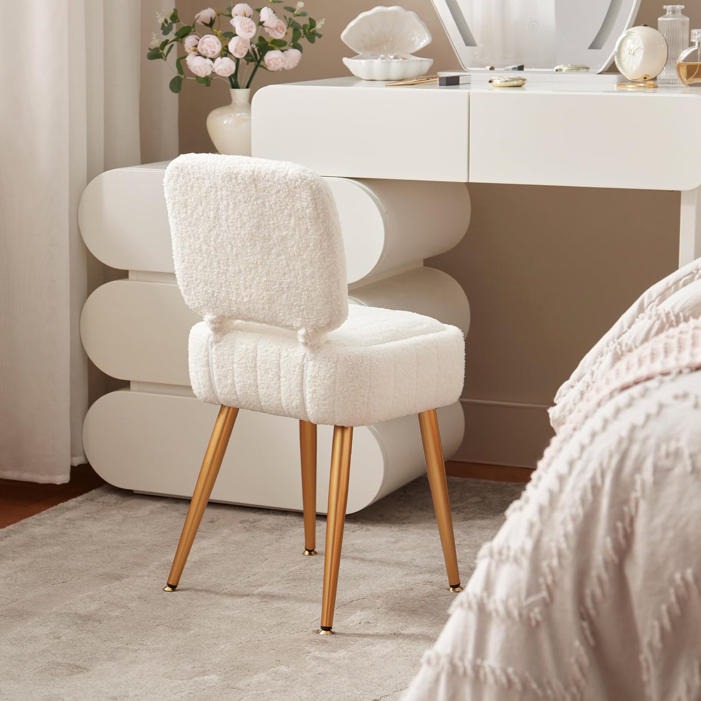 ZYKZYK Updated Vanity Chair, Storage Ottoman with Folding Back & Gold-Toned Metal Legs, Ottoman Seat with Teddy Velvet for Dressing Room Living Room Bedroom, 15" x 12" Inch