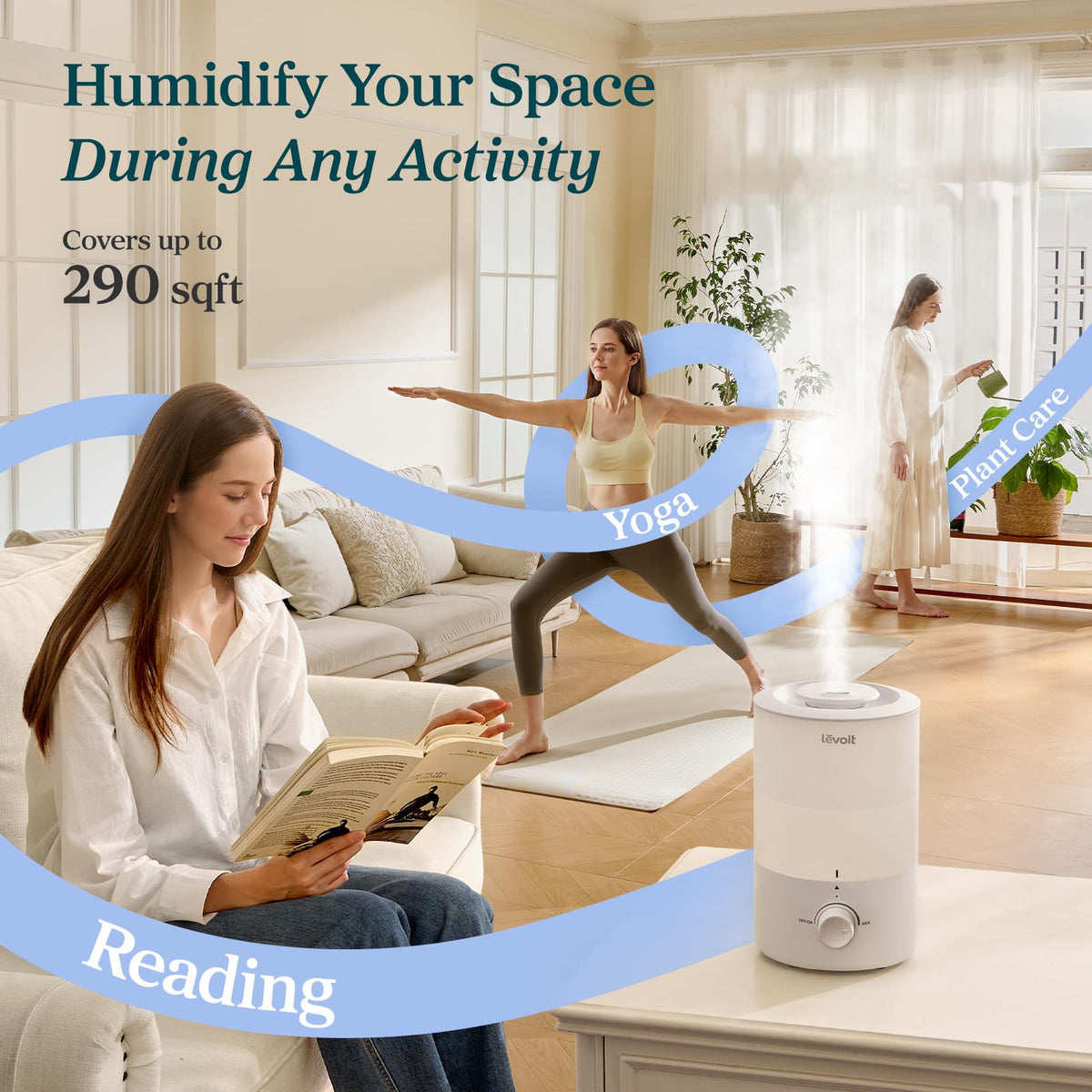 LEVOIT - Humidifiers for Bedroom - Quiet (3L Water Tank) - Cool Mist/Top Fill/Essential Oil Diffuser/25Watt - Home/Large Room - 360° Nozzle - Rapid Ultrasonic Humidification for Baby Nursery/Plant