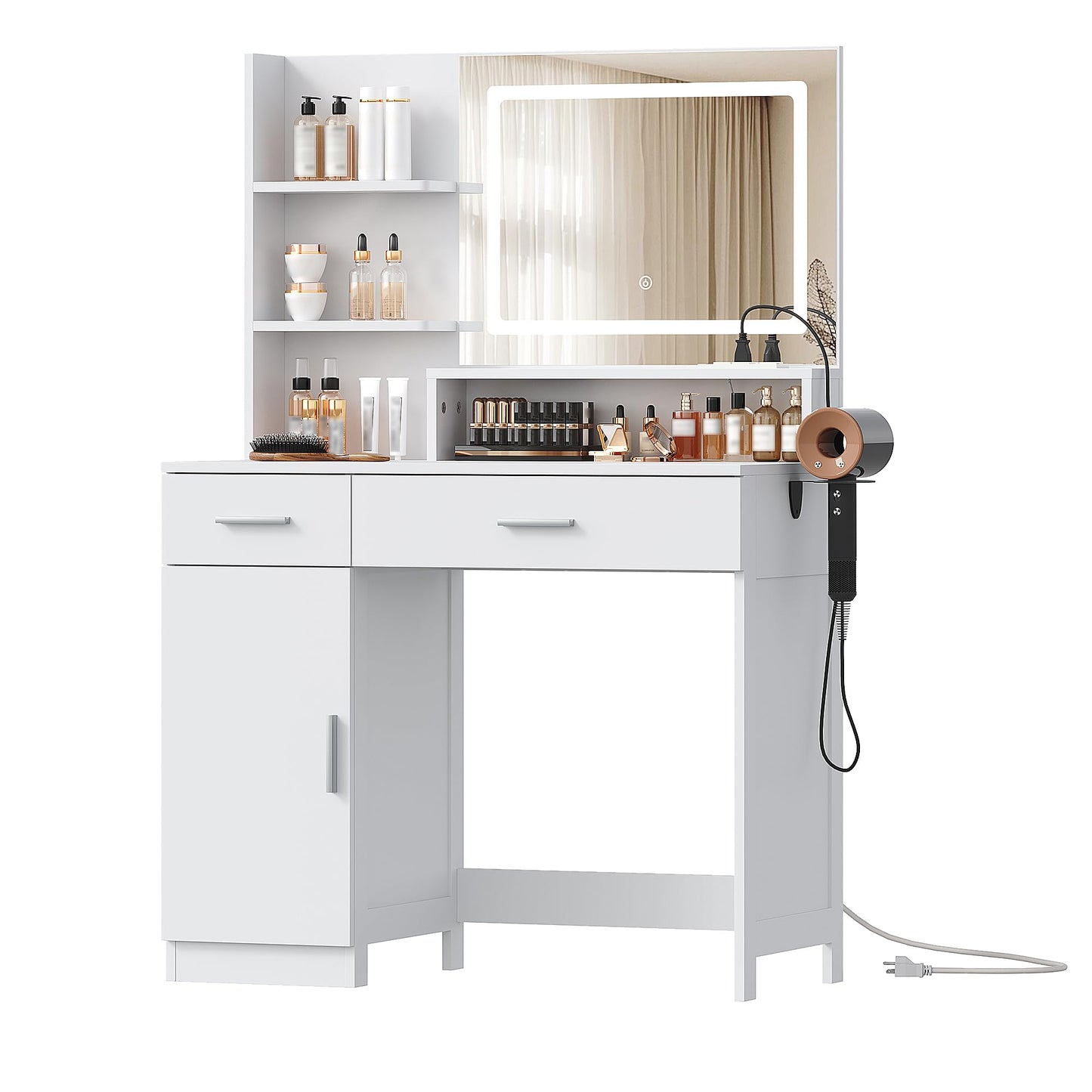 ProsperHaven Vanity Desk with LED Mirror and Lights, Makeup Vanity Table with Power Outlet, Drawers, Cabinet, Dressing Table with Open Storage Shelves for Bedroom, Dressing Room, White