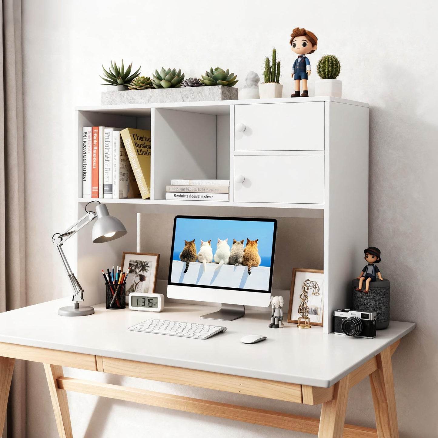 YGYQZ White Desk Hutch with 4 Storage Shelves, Desktop Bookshelf & Monitor Stand for Home Office, Space Saving Desk Organizer for Study Room, Dorm & Gaming Desk
