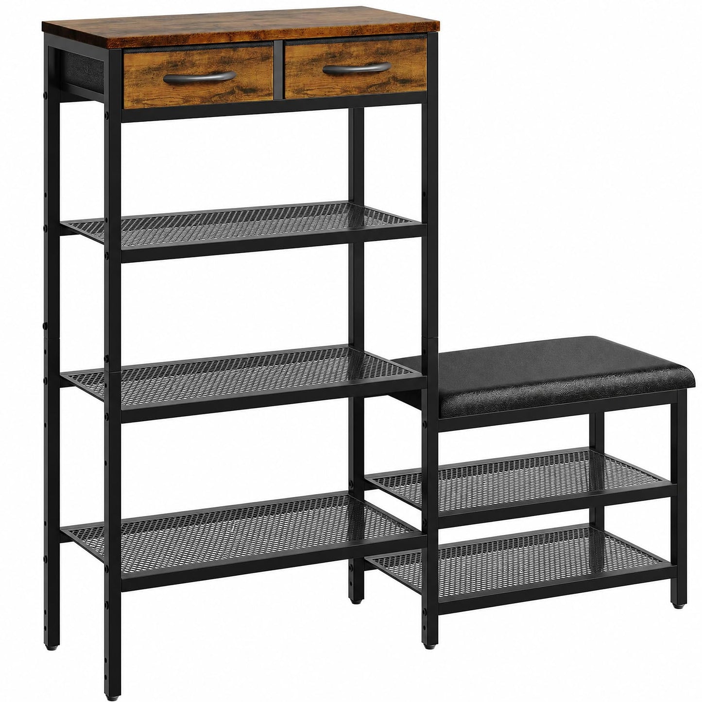 Shoe Rack Bench Shoe Rack for Entryway, Cushioned Entryway Shoe Storage with 2 Drawers & 5-Tier Organizer, Metal Frame Wood Top Narrow Space-Saving Hallway Organizer for Closet & Front Door