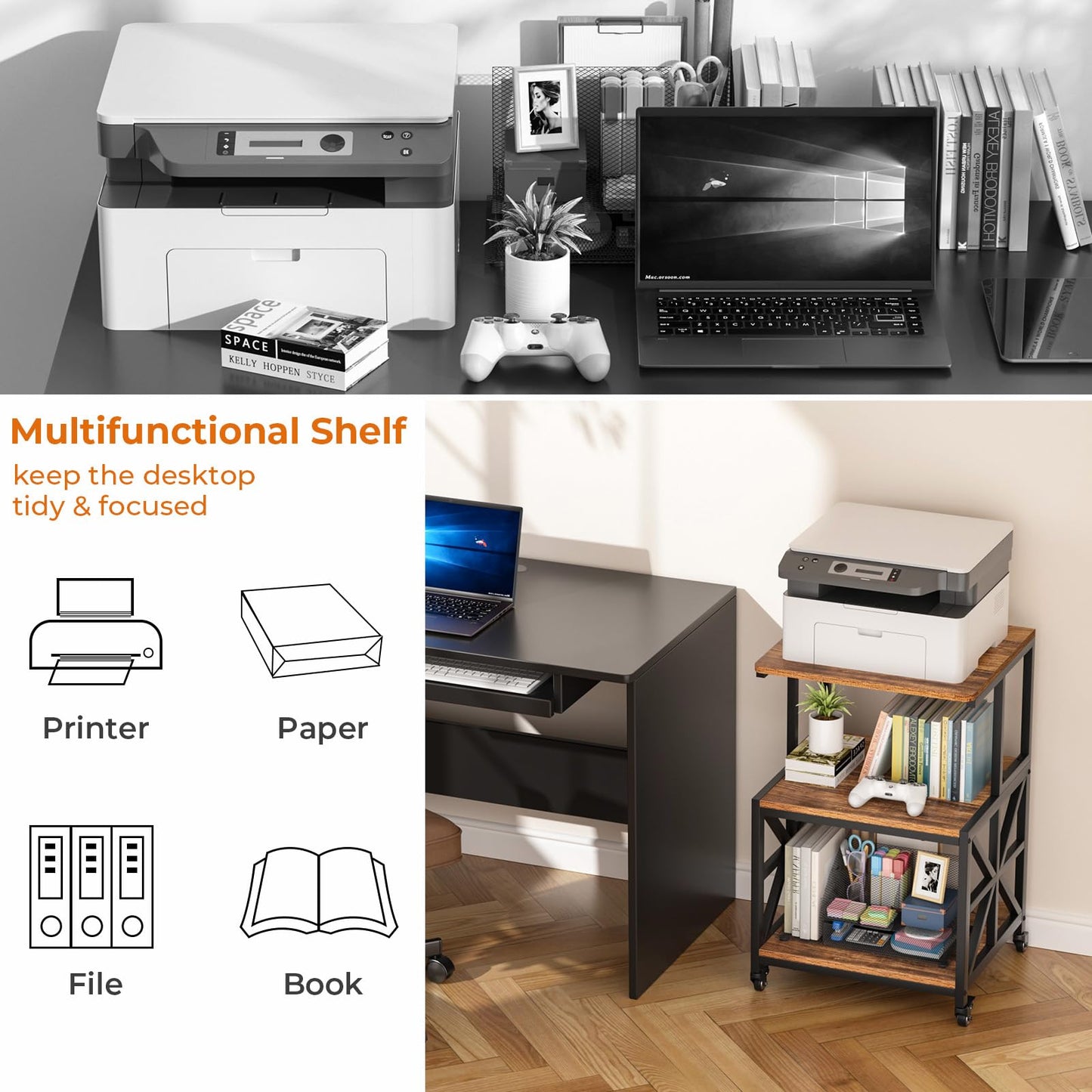 GreenForest Printer Stand with Lockable Wheels, Heavy Duty Printer Table with 3-Tier Storage Shelf for Home Office, Mobile Printer Cart for Small Spaces, 19.7"x17.7", Walnut