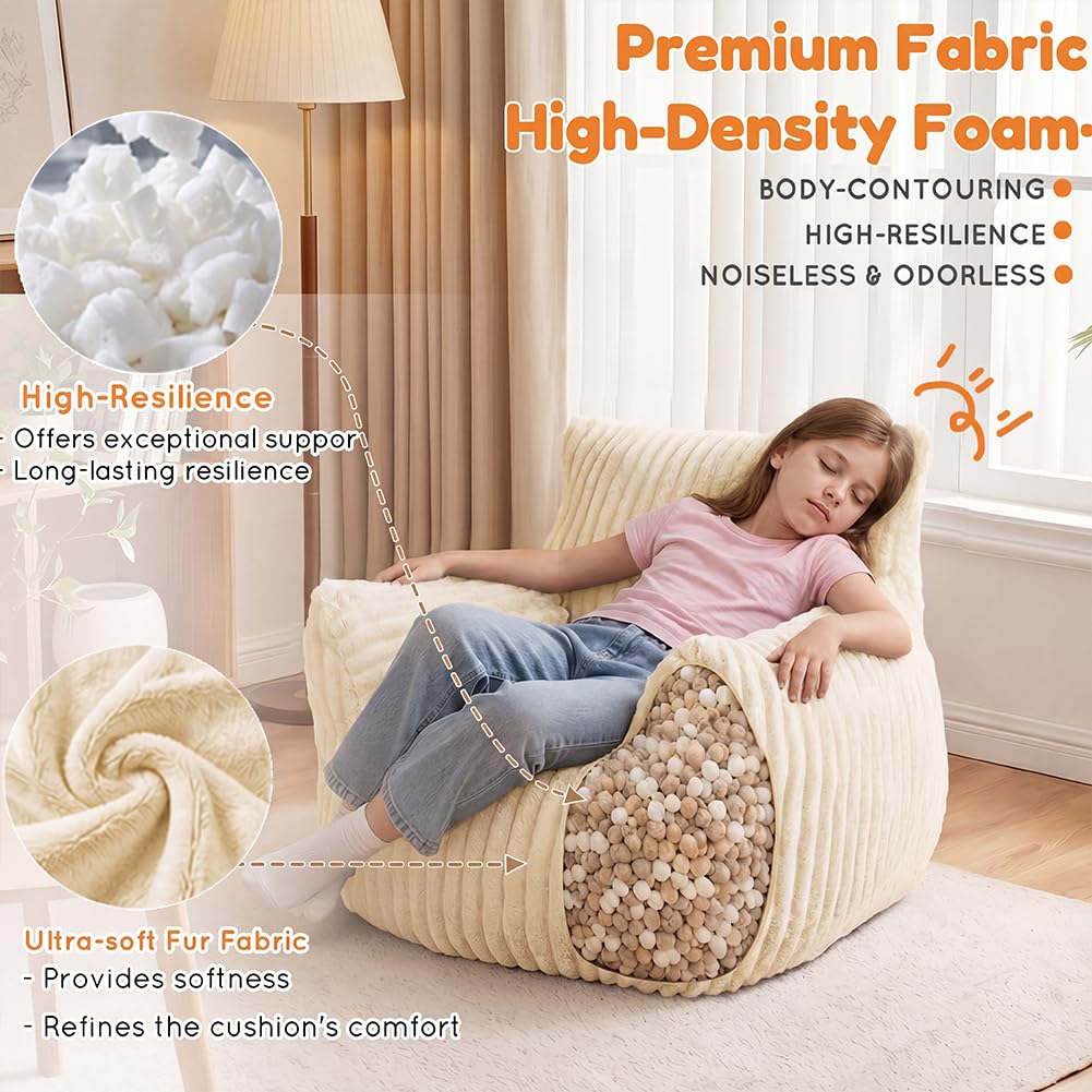 MaxiBean Bean Bag Chair - Plush Faux Fur Floor Seating Furniture Bean Bag Chair for Living Room, Bedroom, Playroom (2.5FT Stripe White)