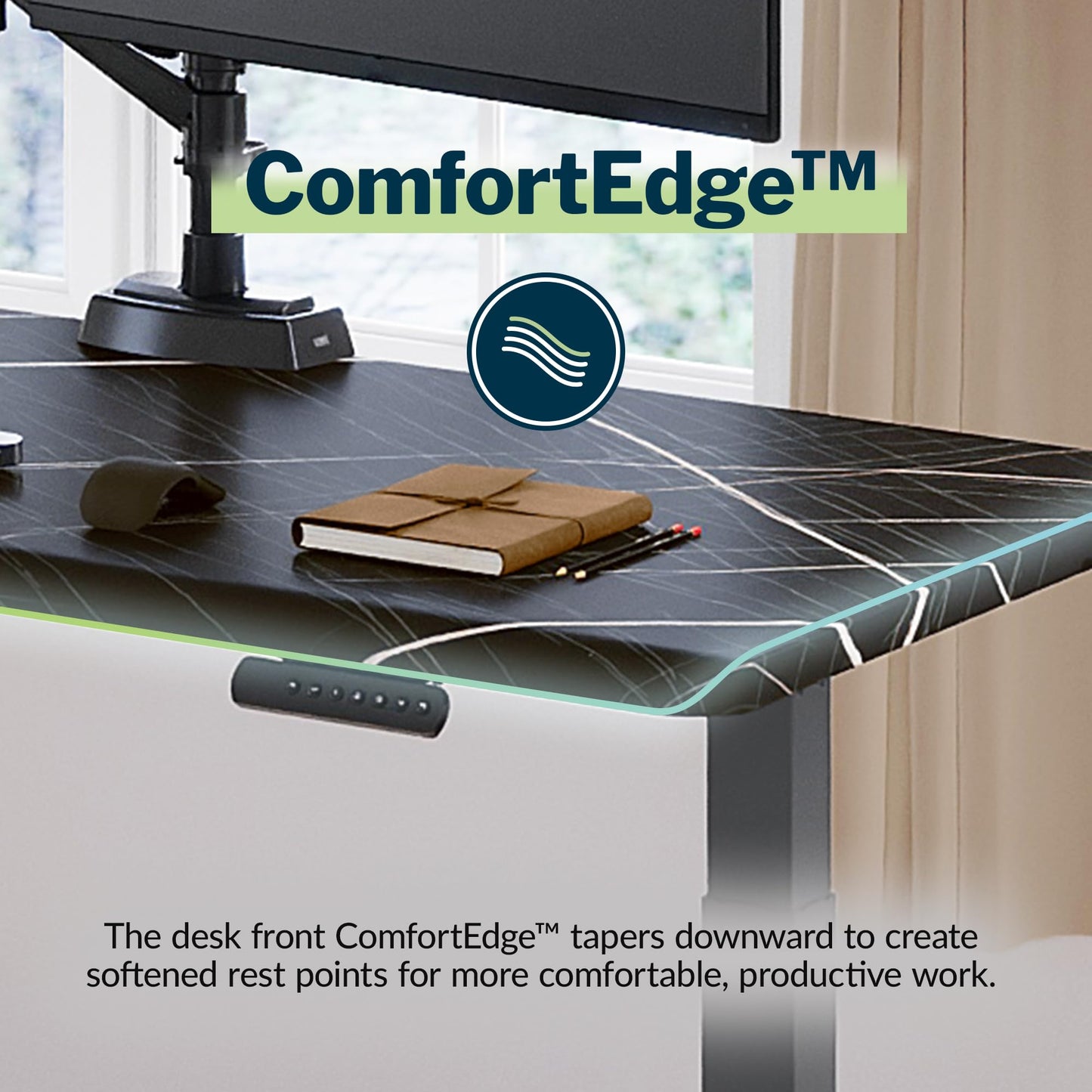Vari ComfortEdge 60x30 Inch Adjustable Electric Standing Desk – Limited Edition Sit Stand VariDesk with Memory Presets & Sloped Front Edge + Tool-Free Assembly (Black Marble/Slate Legs)