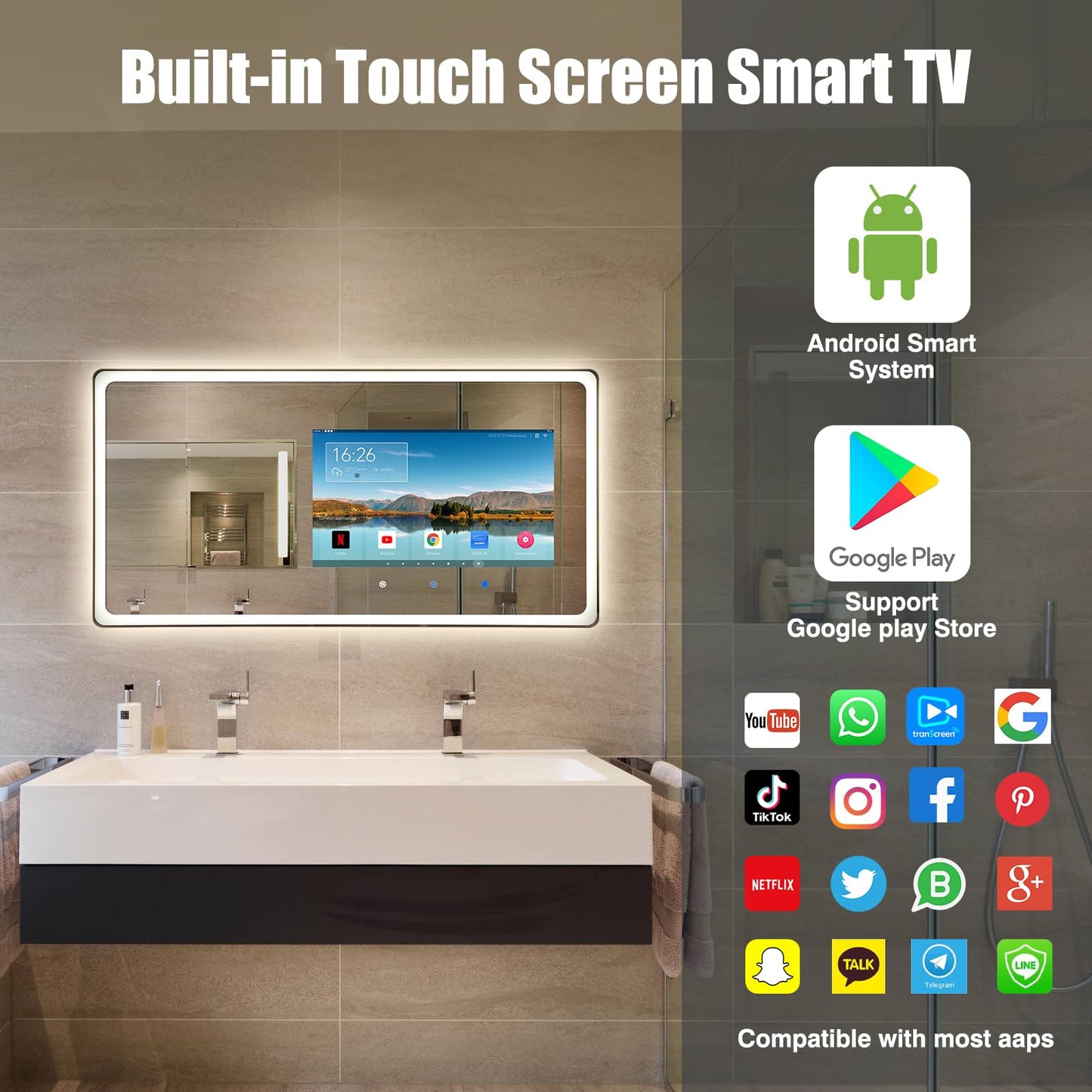 YOURYOKE 24×32 Inch Smart Vanity Bathroom Mirror with 21.5" Waterproof Touchscreen TV, Android OS, Weather Clock Date,WiFi/Bluetooth/HDMI, Anti-Fog, 3-Color LED Lights,Bedroom,Hotel&Spa Wall Mounted