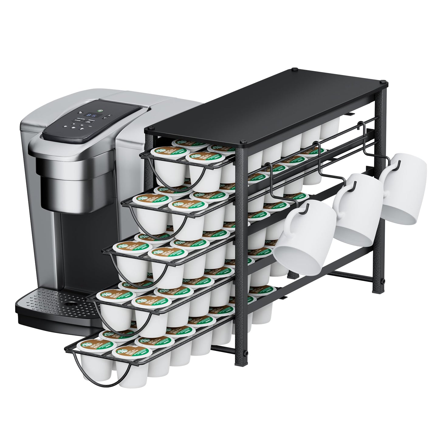 HFHOME Coffee Pod Holder For Counter, Pod Holder for K-cups, 5-tier Metal Coffee Capsule Storage Drawer, 70 Capacity Pods Organizer for Cafe Counter, Home, Office or Kitchen,3 cup rack, Black