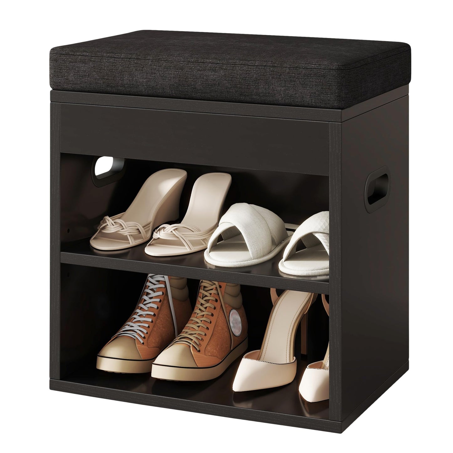 YMYNY Small Shoe Storage Bench with Cushion and Drawer, 2 Tier Adjustable Entryway Bench with Storage, Wooden Shoe Rack Bench for Entryway, Living Room, Hallway, Closet, Bedroom, Black, HSC002B