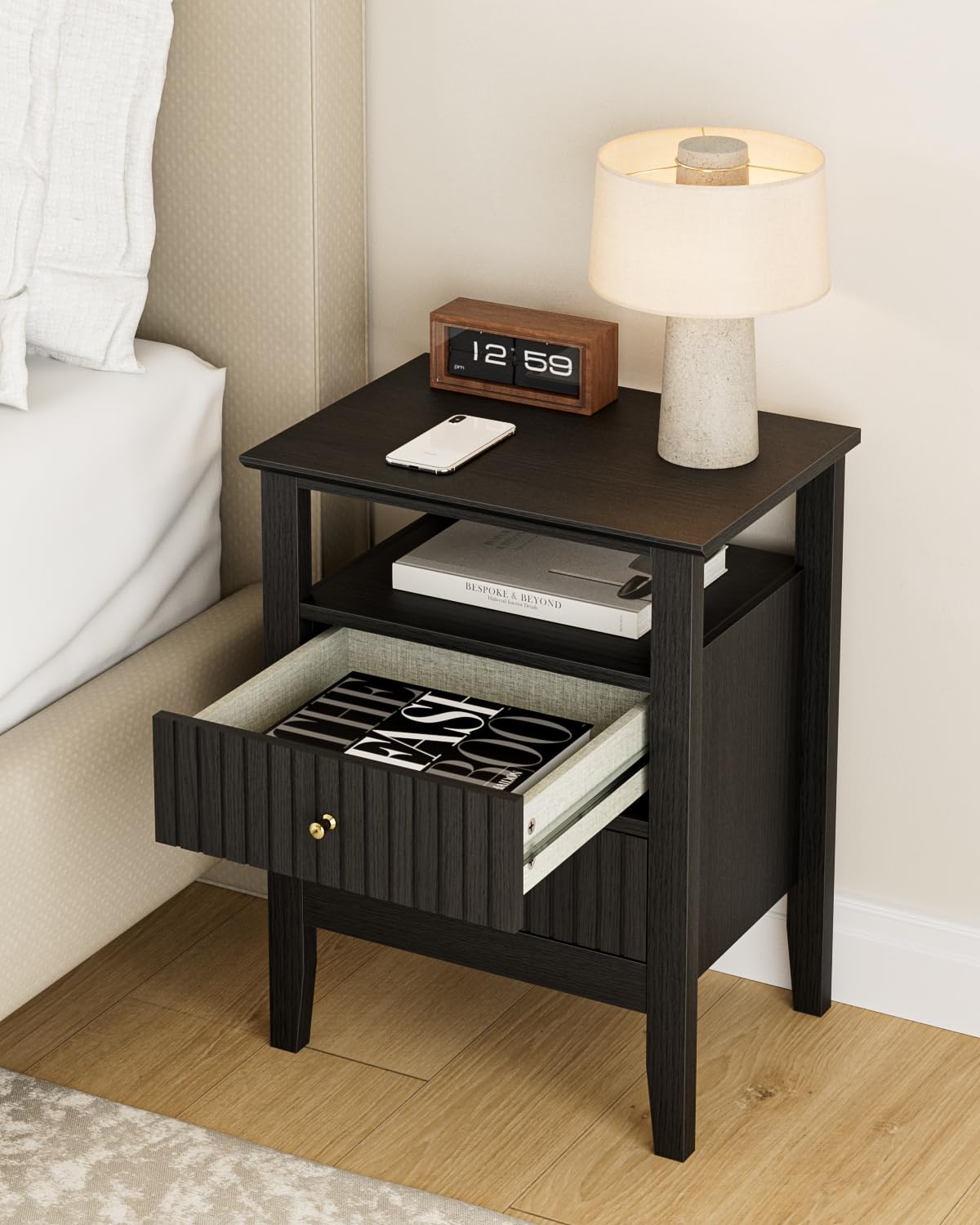 Apetaccat Fluted Nightstand, Farmhouse Night Stand with 2 Drawers, Mid Century Modern Side Accent Table,Bedside End Table for Bedroom, Living Room, Black