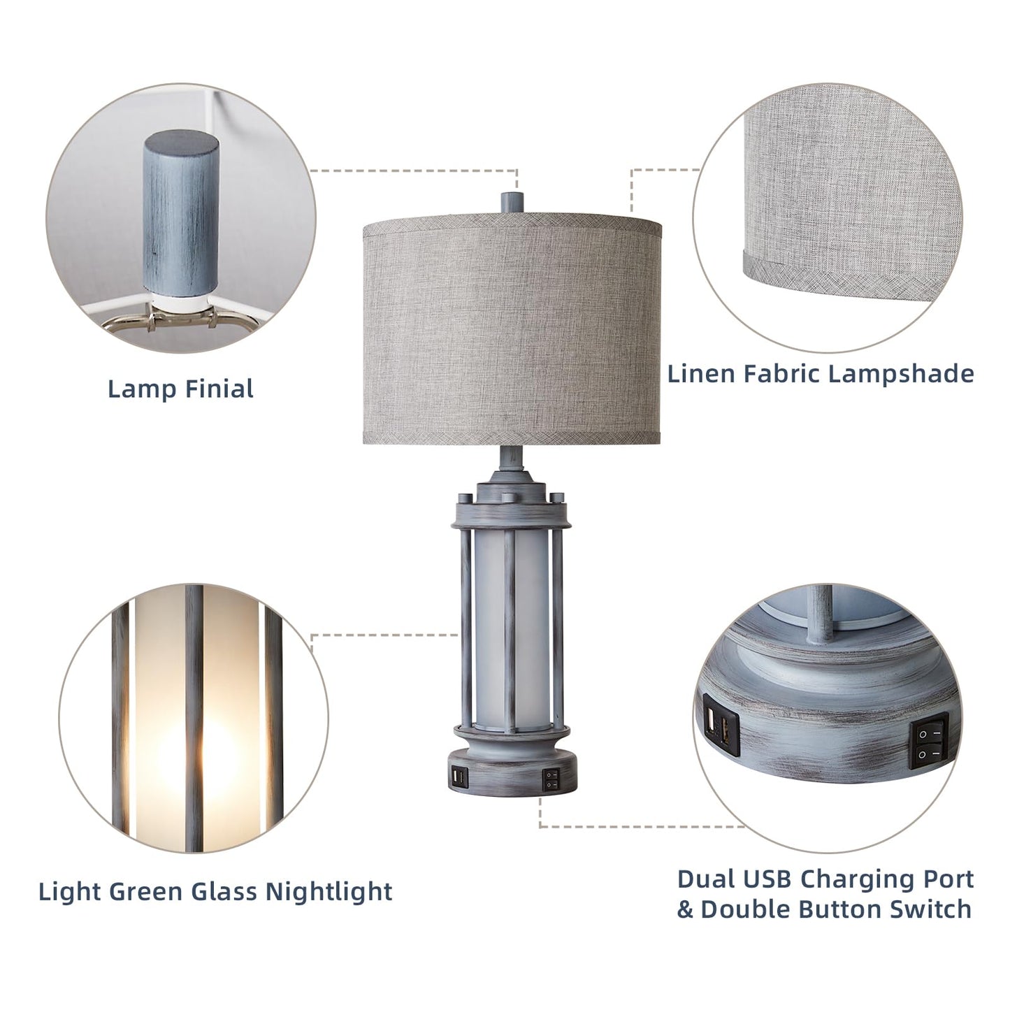AIEAMPDO 25" Rustic Farmhouse Nightstand Lamp with 2 USB C+A Ports