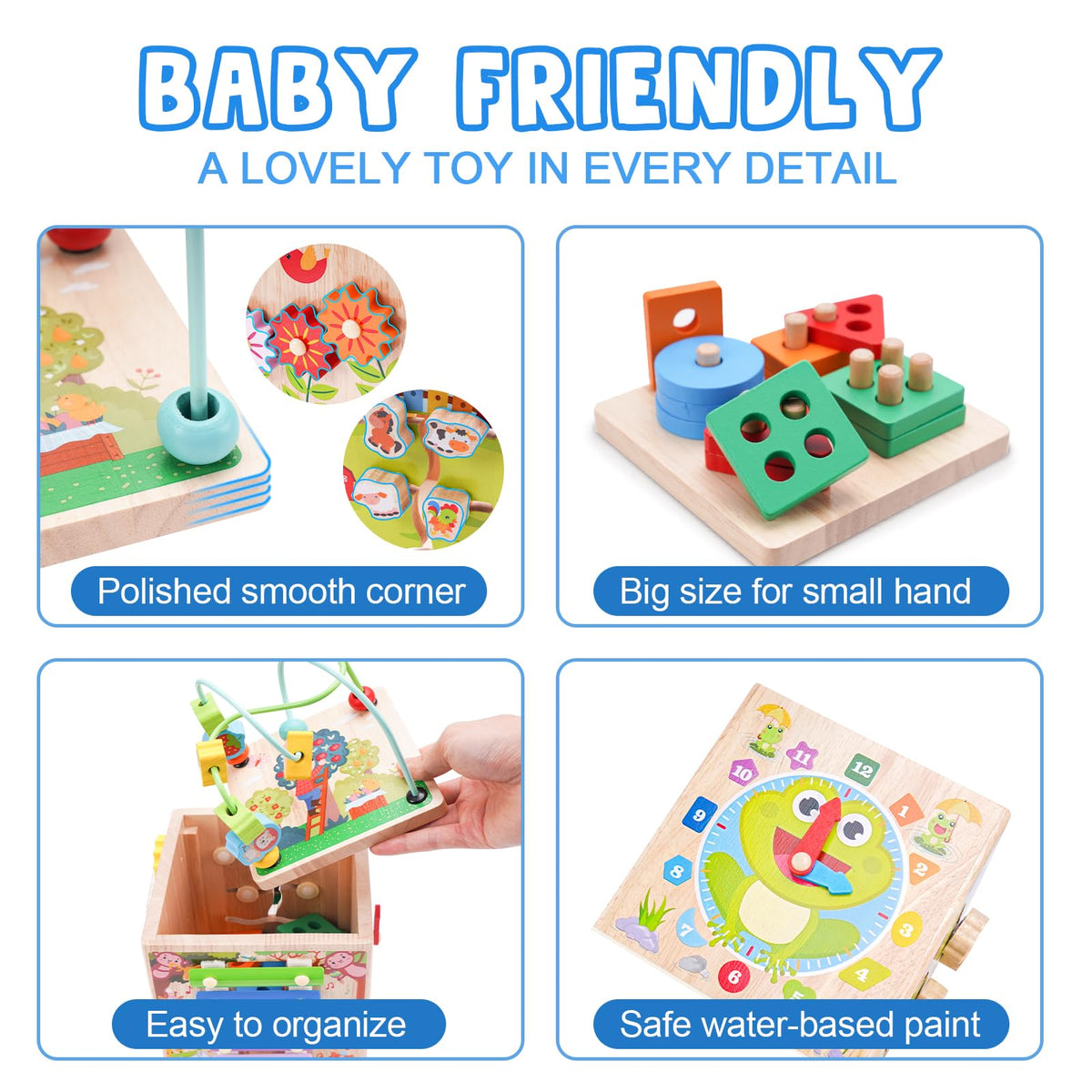 Wooden Activity Cube | Montessori Toys for 1 2 3 Year Old Toddlers | One Year Old 1st 2st First Birthday Gift | Educational Toys for 12+ Months Baby Boys Girls | Bonus Sorting & Stacking Game (Blue)