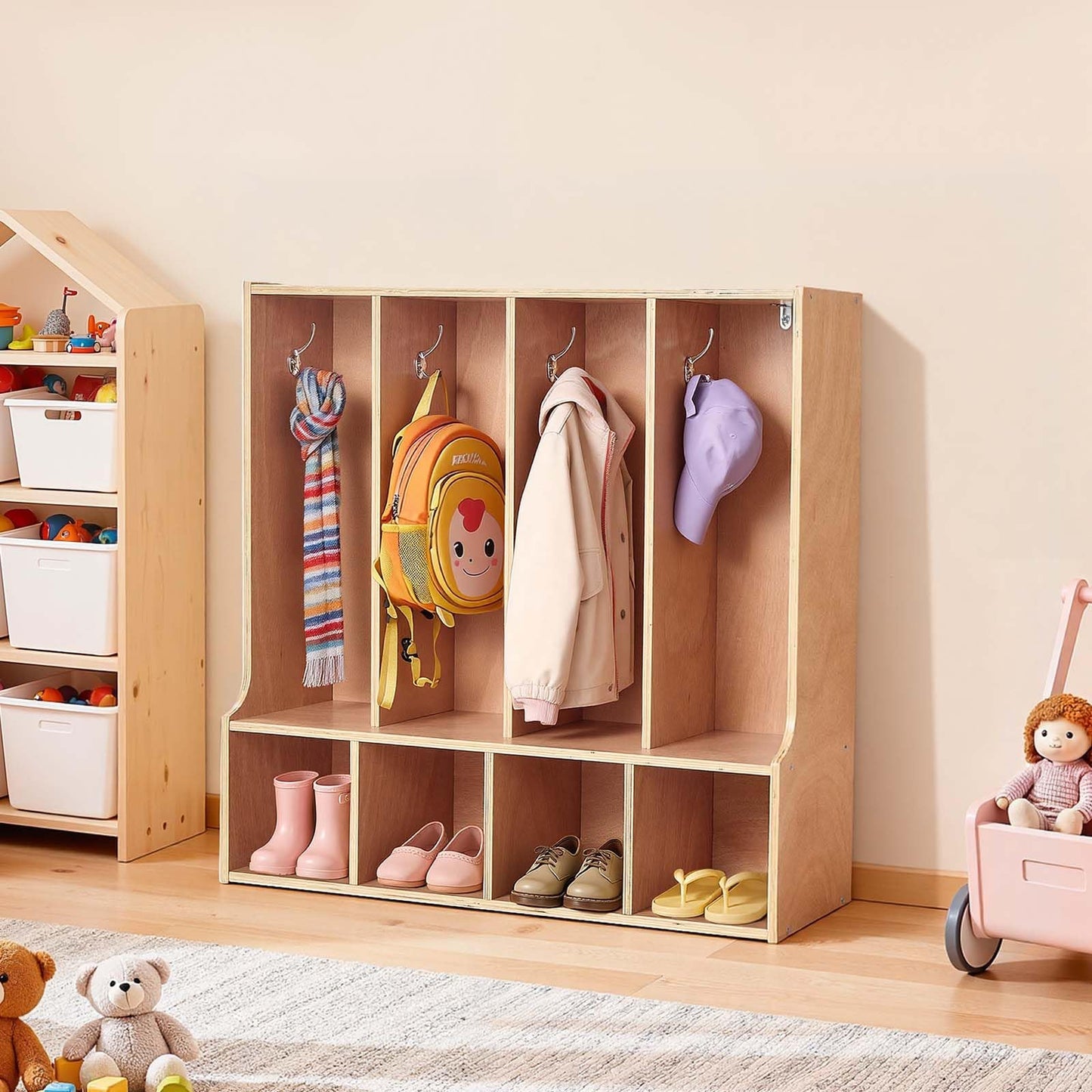 VEVOR 4-Section Coat Locker with Bench, Kids Lockers with 8 Hooks & Non-Slip Mat, Classroom Cubbies for Daycare, Home, Kindergarten- Natural