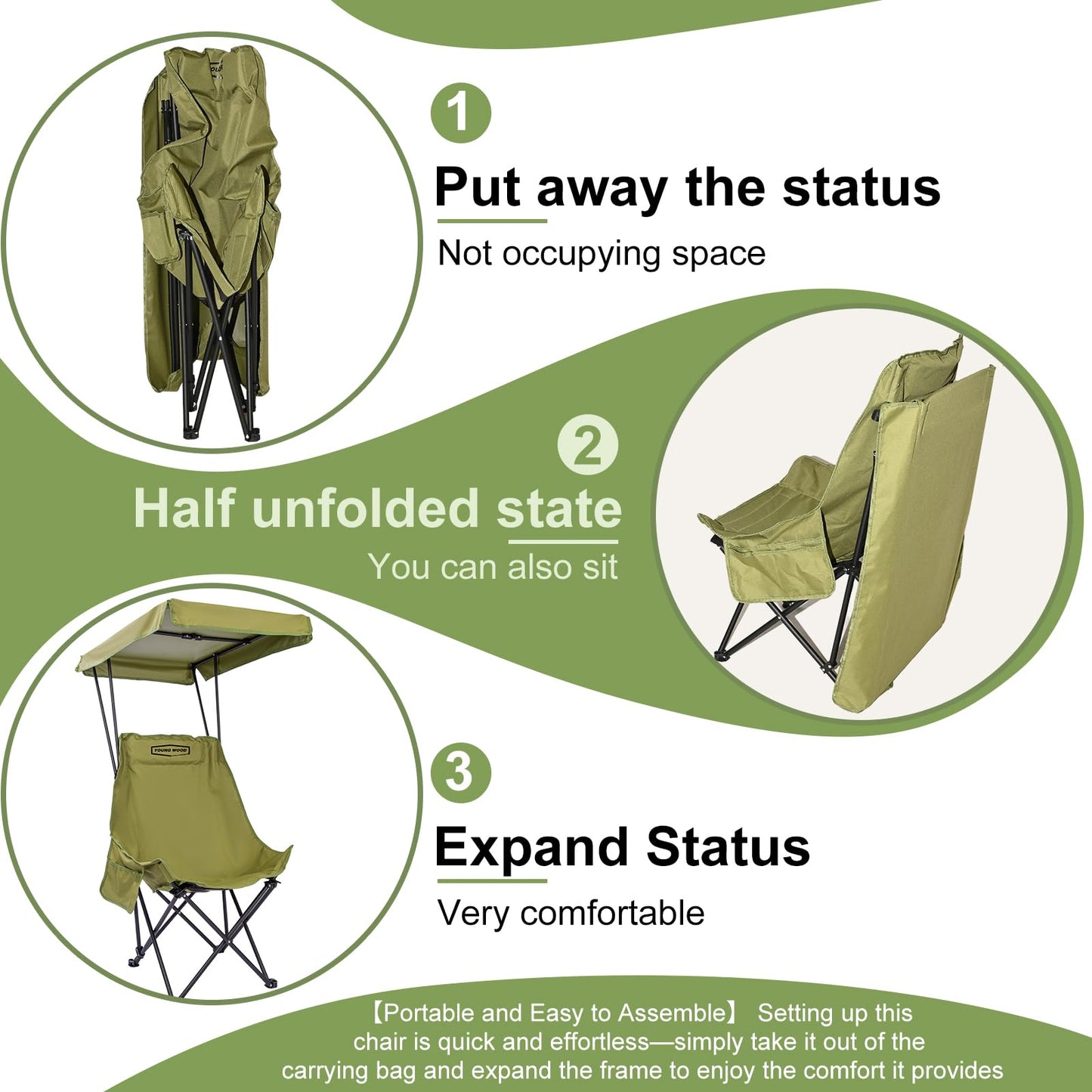 YOUNG WOOD Portable Camping Chair Beach Chair with Shade Canopy, Fold Lightweight Oversized for All, Easy to Open, Close Without Installation, Side Pocket Design for All Outdoor Activities, Green,2p
