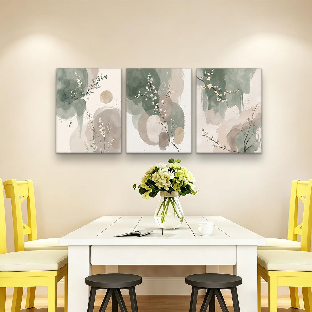 Framed canvas floral wall art neutral colors hazy feel botanical print poster gallery style painting print for living room bedroom bathroom office 16x24 inch 3-piece set.