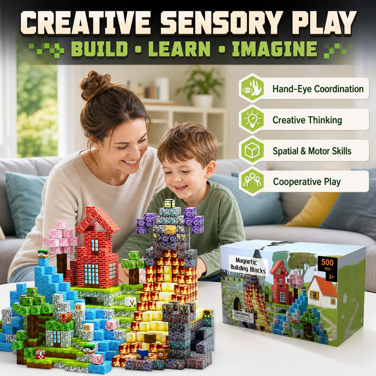 500 PCS Magnetic Blocks - Magnetic Building Blocks Cubes, STEM Montessori Toy Set, Stacking Magnets for Kids - Magnet Cubes for Boys & Girls 3+ Educational Stacking Toy Birthday Gift for Children