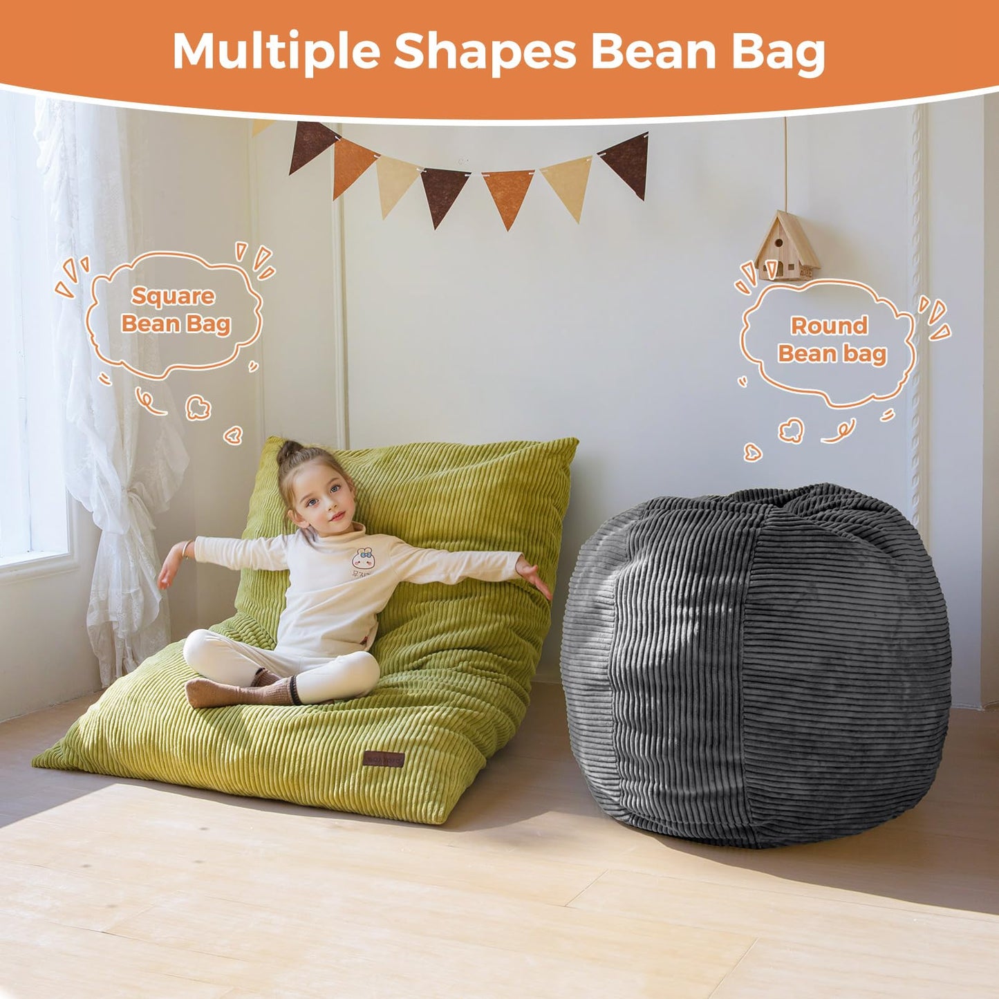 MAXYOYO 3 in 1 Kids Bean Bag Chair Bed, Convertible Chair Folds from Bean Bag to Lounger, Child Floor Sofa for Gaming, Reading, Floor Couch with High-Density Foam Filling