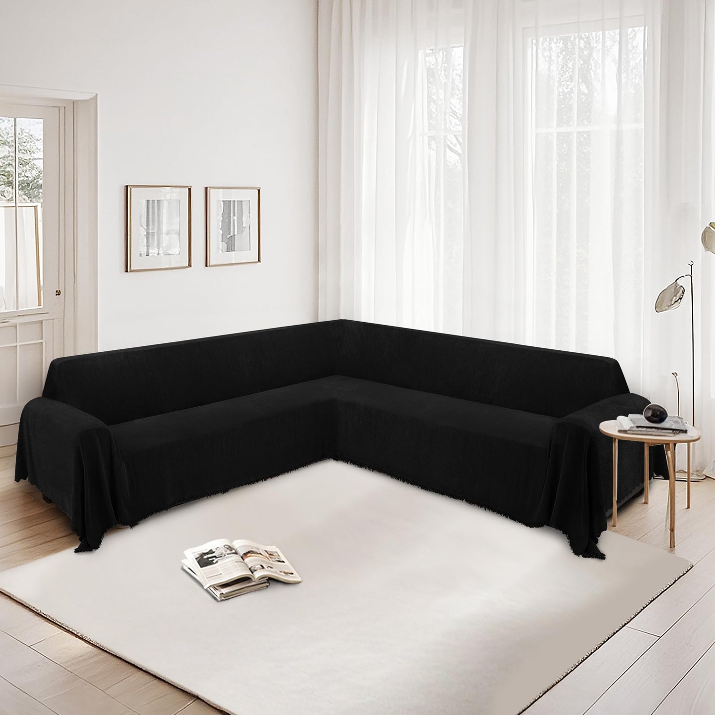 HDCAXKJ Corner Sectional Couch Covers for Dogs L Shape Sofa Cover with Tassel Chenille Super Soft Non Slip U Shaped Couch Cover Blanket Washable Sectional Slipcover Protector (Black, 71x212 inch)