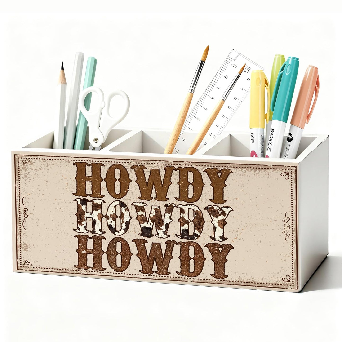 LIANGW Western Pen Pencil Holder for Desk, Cowboy Gifts, Cowgirl Gifts for Women, Western Office Decor, Retro Country Howdy Southwestern Wooden Box Sign Decorations for Home Office Desk Tabletop