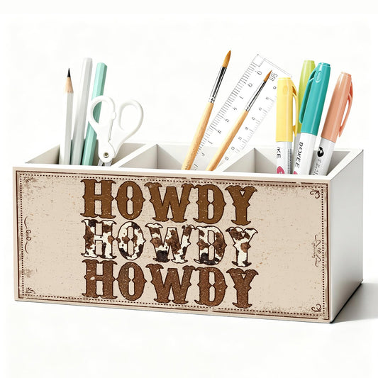 LIANGW Western Pen Pencil Holder for Desk, Cowboy Gifts, Cowgirl Gifts for Women, Western Office Decor, Retro Country Howdy Southwestern Wooden Box Sign Decorations for Home Office Desk Tabletop