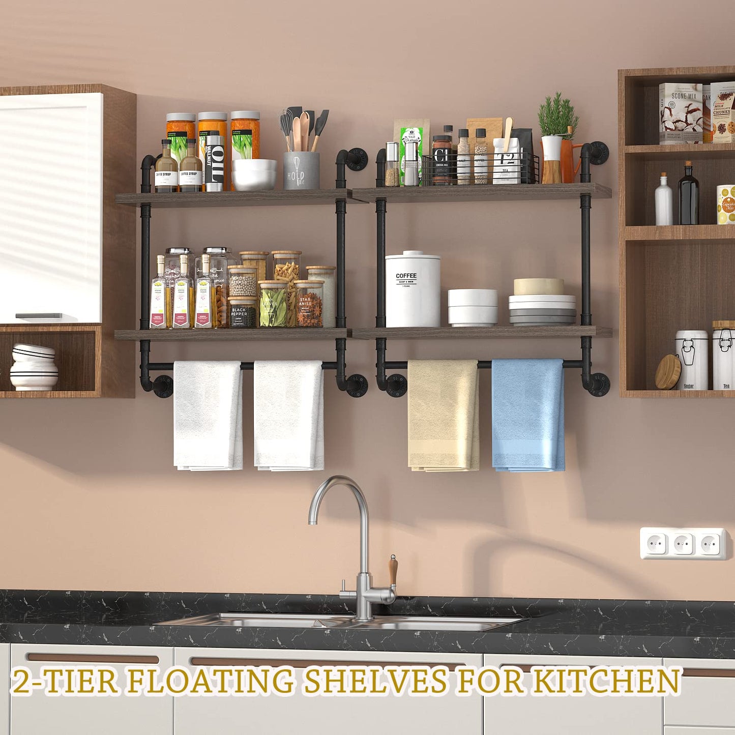 Helsin 2 Tier Wood Floating Shelves Towel Rack, Industrial Pipe Bathroom Shelves Wall Mounted with Towel bar, Wall Display Storage Shelf for Home & Bathroom Decor (Gray, 24inch)
