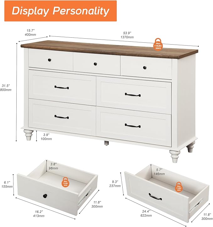 WAMPAT 7 Drawer Dresser for Bedroom, Wide Wooden Chest of Drawers Distressed
