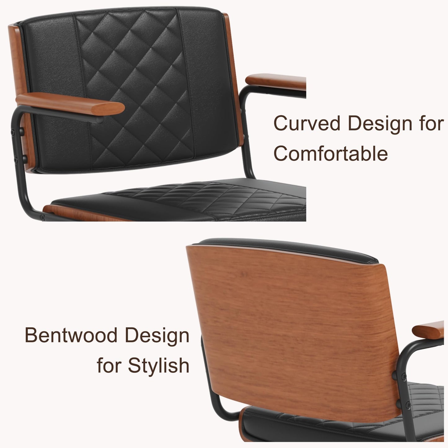 CoVibrant Ergonomic Office Chair with Rubber Wheels & Walnut Arms - PU Leather Mid-Back Desk Chair, Adjustable Height, Bentwood Backrest | Swivel Rocking Design for Home Office, Meeting Room, Study