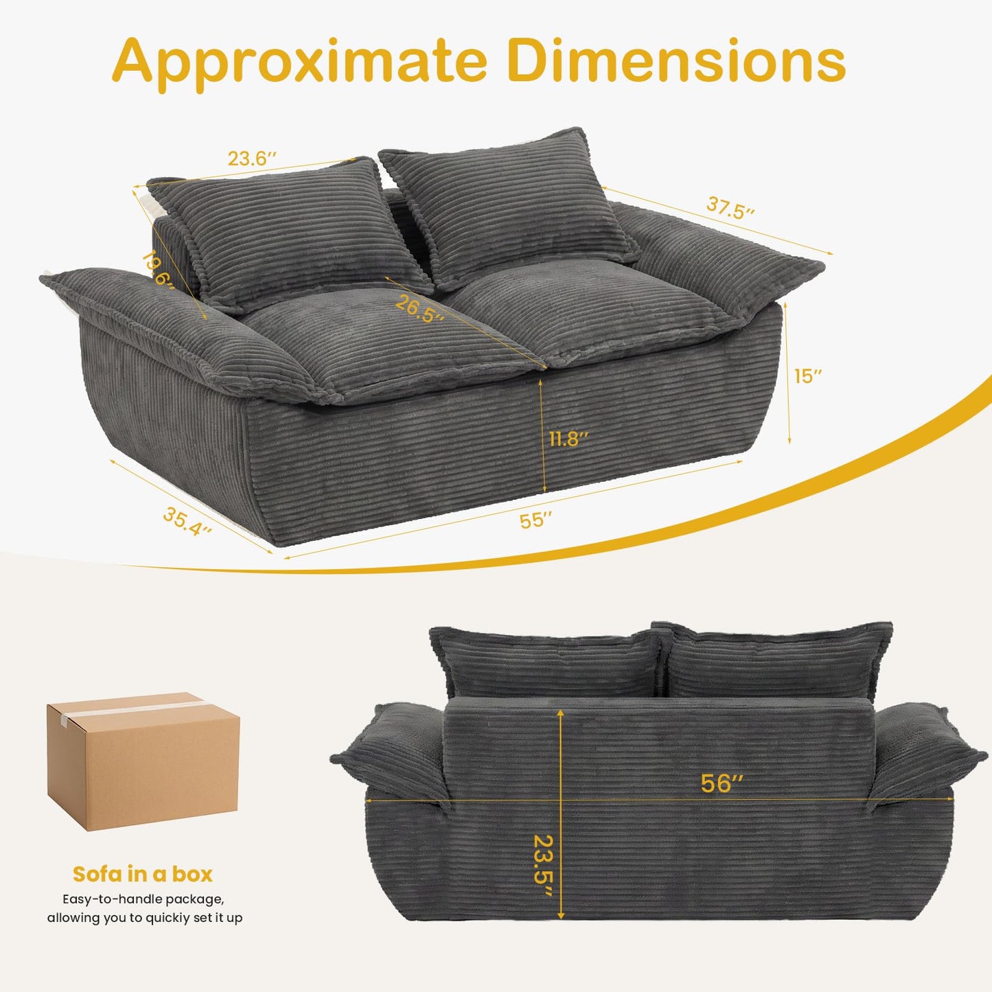 AOLVDOW Boneless Loveseat 56", 2-Seater Gray Boneless Sofa with Removable Cushions & 2 Pillows, Small Boneless Couch Compress Foam Sofa for Living Room, Apartments, & Office