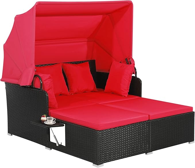 COSTWAY Outdoor Daybed with Retractable Canopy, Wicker Patio Furniture Set with