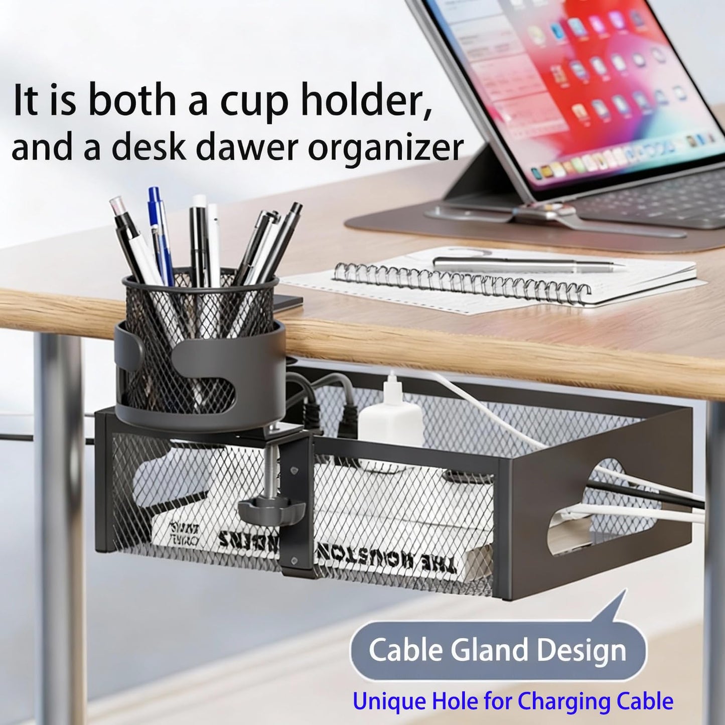 XULIONTS Clamp-On Under Desk Organizer with Cup Holder, 360° Rotating Mesh Drawer with Cable Hole, No-Drill Desk Drawer Organizer for Gaming Desk Accessories, Office Supplies, Coffee Mug, Dorm(2 in1)