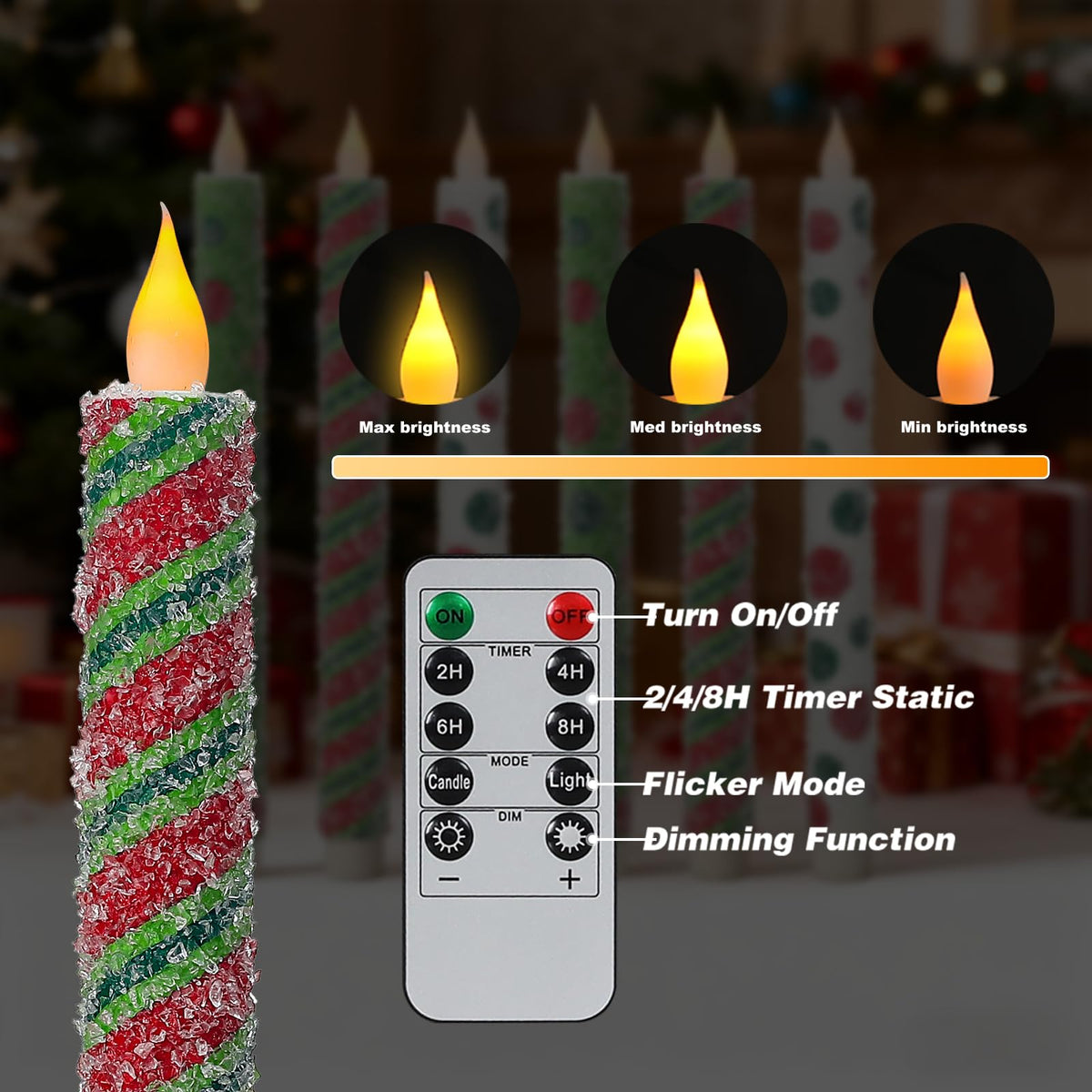 Christmas Elf Flameless Taper Candles - 6PCS Glitter Christmas Green Elf Theme Flickering LED Battery Operated Sea Salt Candles with Remote, Real Wax Party Decoration Candlesticks, Xmas Table Decor