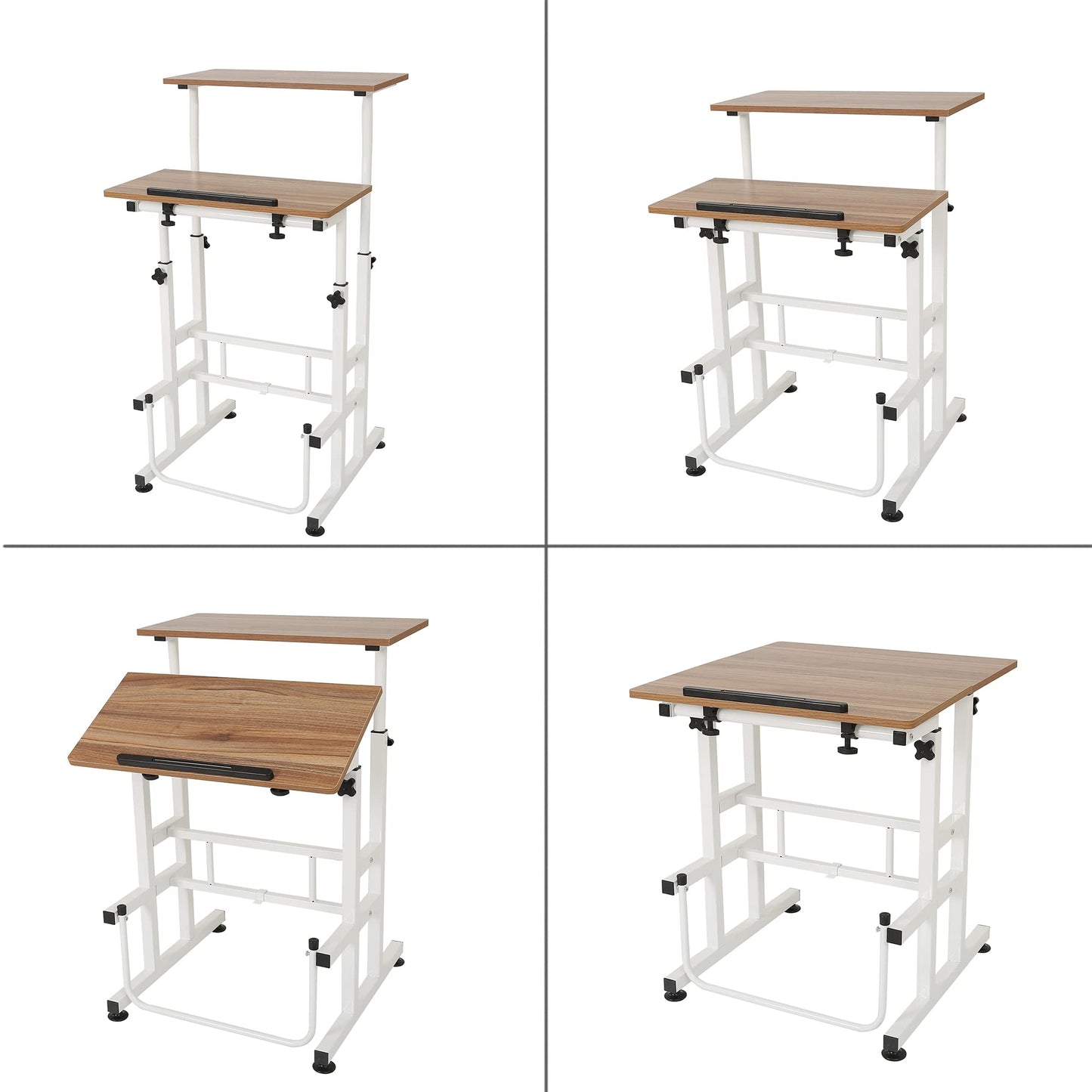 SDADI L101XWFDT Adjustable-Height Steel-Framed Mobile Standing Office Computer Desk with 2 Tiers and Lockable Caster Wheels, Dark Grain