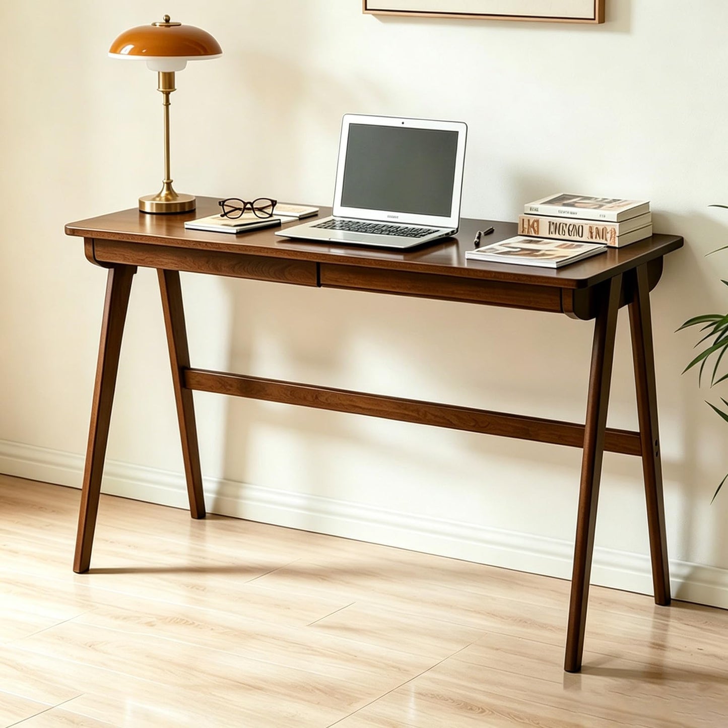 Kelvorvin Solid Wood Desk with Drawers, Computer Desk for Home Office, Small Writing Desk for Bedroom & Small Spaces, Sturdy A-Frame, Easy Assembly (Walnut Color, 39inch)