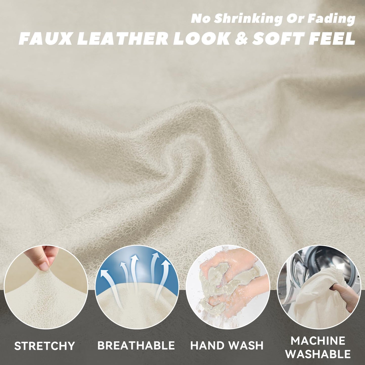 Pfrstuv Sofa Slipcover with Armrest Pockets 4-Piece Set, Stretch Faux Leather Couch Cover for 3-Cushion Couches(Fits 72-92") - Non-Slip, Machine Washable, Pet & Kid Friendly - Beige
