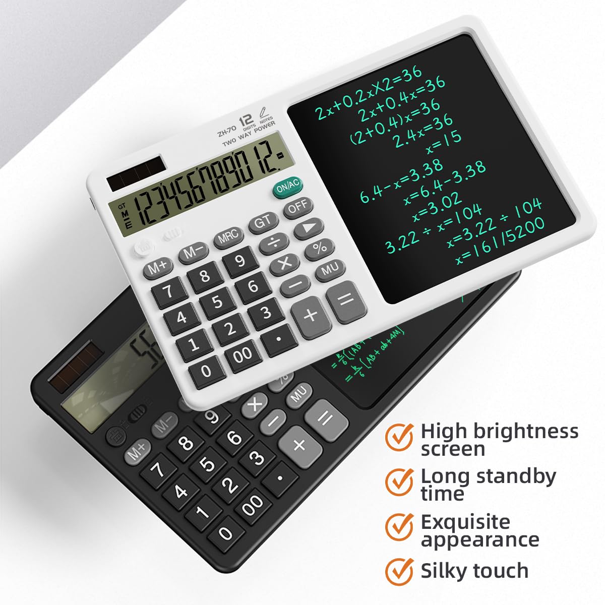 Desk Calculator with Erasable Writing Pad, 12-Digit Wide Screen Display, 100,000+ Reusable LCD Notepad, One-Click Clear & Lock Function, Solar and Battery Dual Power for Office,School,Business (Black)