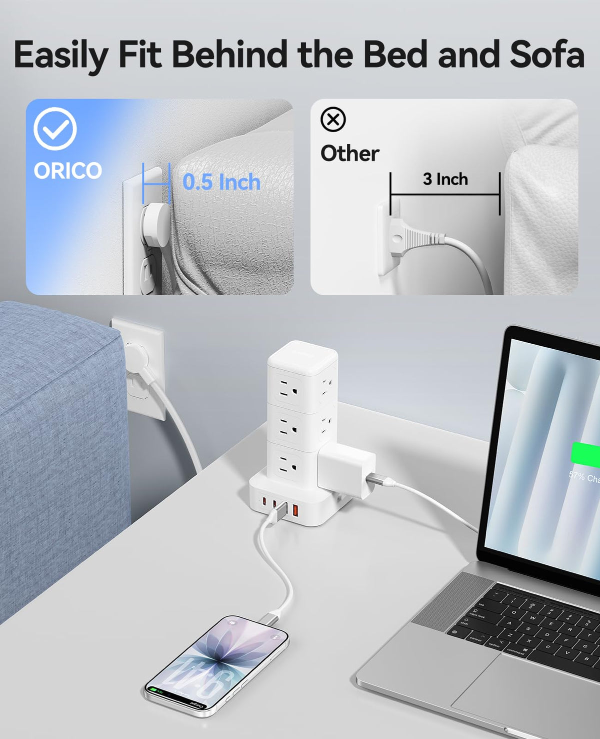 ORICO Tower Power Strip with Surge Protection, Charging Station Tower with 12 AC Outlets 4 USB Ports (2 USB C), Space Saving Design, 5FT Tower Extension Cord for Home, Office, Dorm - TPP20