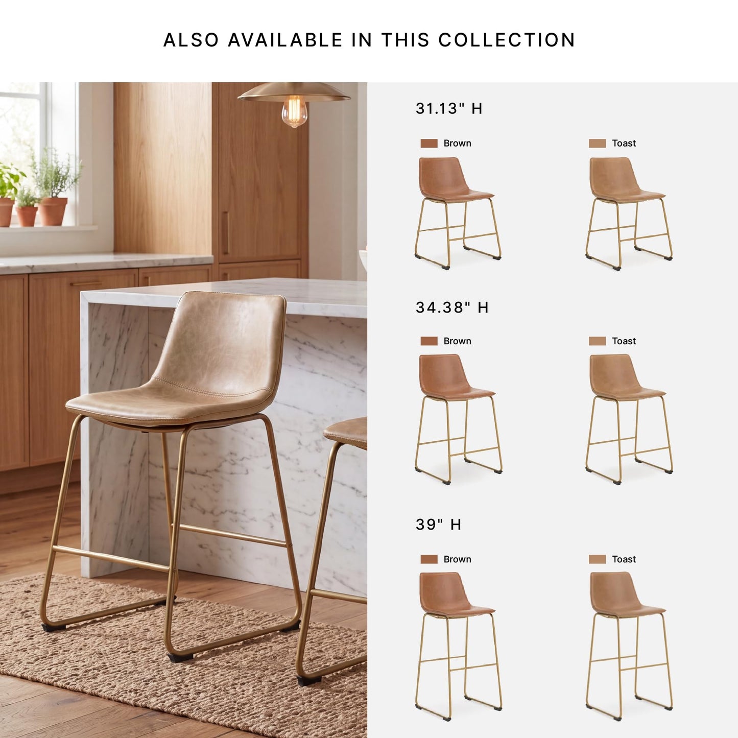 Signature Design by Ashley Lexadine Mid Century Modern Dining Chairs Set of 2, Cushioned Faux Leather Bucket Seat, Metal Frame for Kitchen Table, Toast Light Brown and Gold