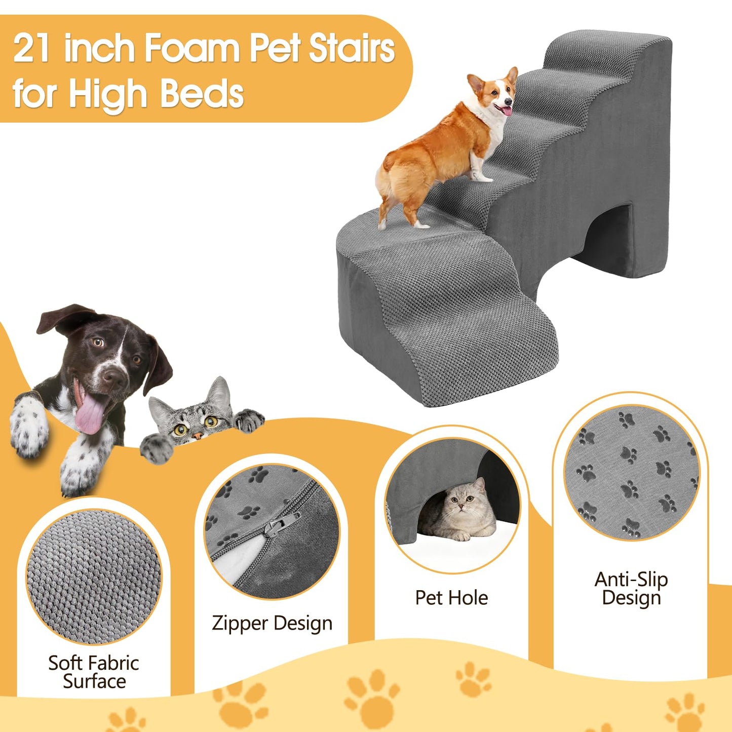 Dog Stairs for High Beds, 6 Steps Soft Foam Pet Stairs for Bed 27-30 inches, L Shaped Dog Steps, Non-Slip Sturdy Pet Stairs, 30D Foam Doggie Ramp for Small/Large Dogs/Old Cats
