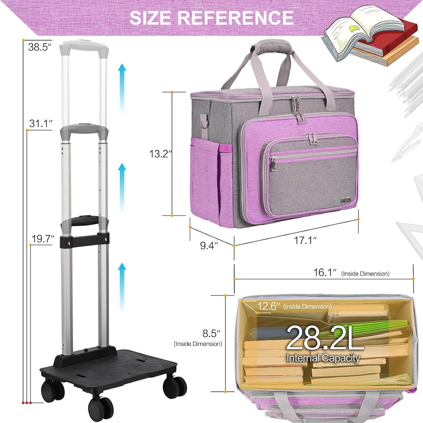 FINESUN Rolling Teacher Tote Bag with Wheels Craft Storage Organizer Bag, Portable Wheeled Craft Cart for Teacher Art Office Scrapbook Supplies, Heavy Duty Multi-Purpose Rolling Tote Purple