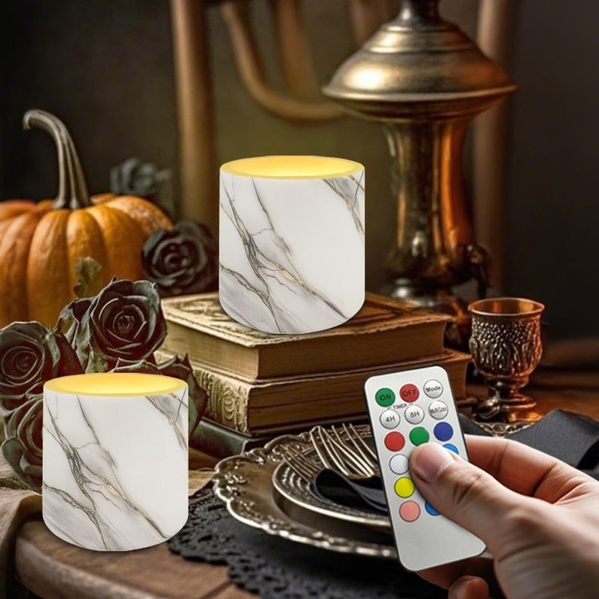 Cozeyat Gray Marble Flameless Candles 4 Pack Battery Operated with Remote Control Timer LED Pillar Candles Waterproof for Indoor Outdoor Garden